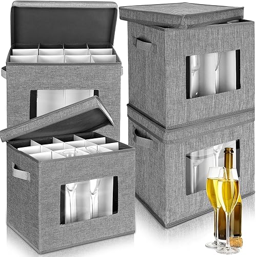 4 cajas de almacenamiento de copas de vino con divisores, 12 compartimentos, cajas de almacenamiento de vasos de China, caja de almacenamiento de