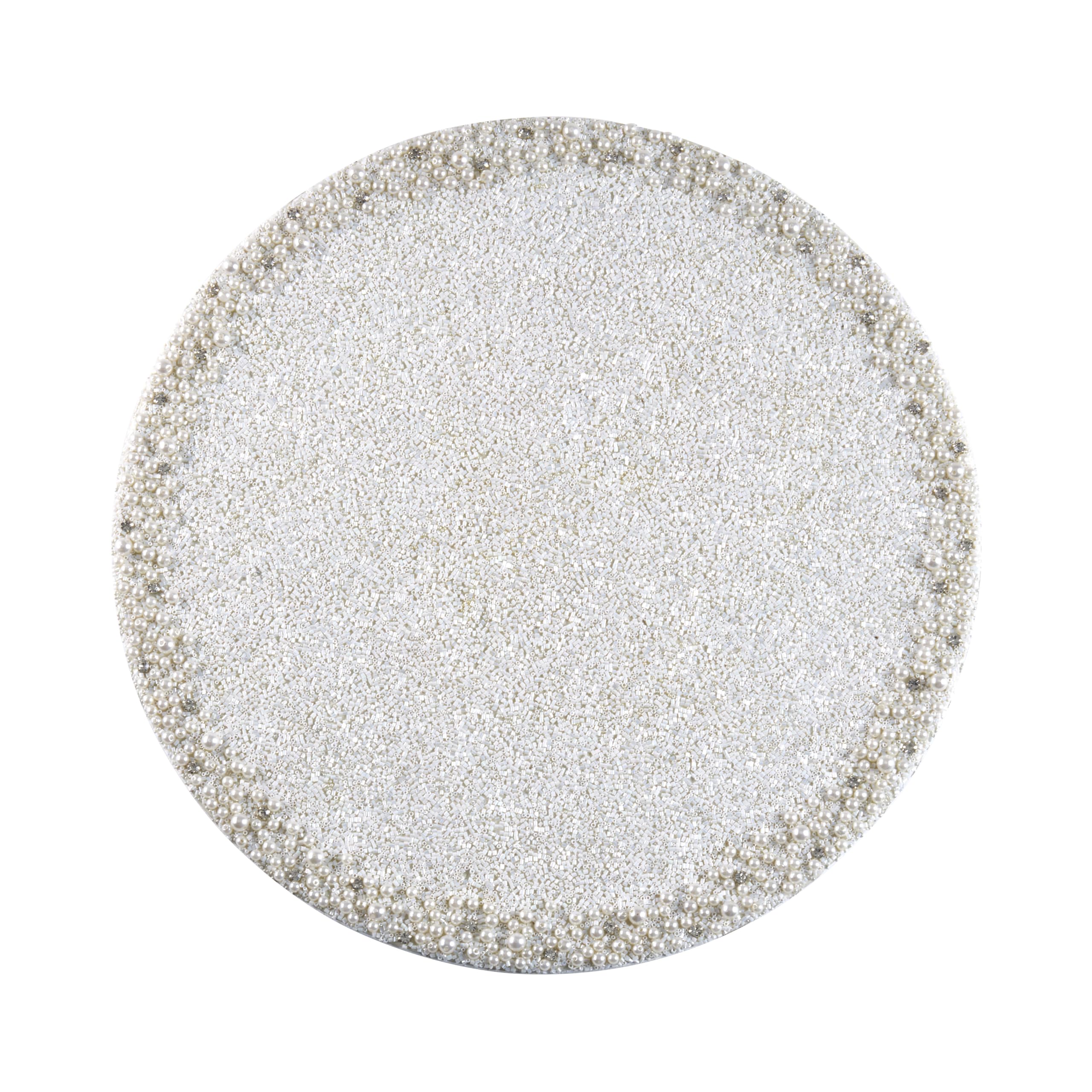 SARO LIFESTYLE Beaded Glass Placemats (Set of 4) - Decorative Placemats for Wedding Receptions, Formal Dining and Special Occasion Tables, 14", Ivory