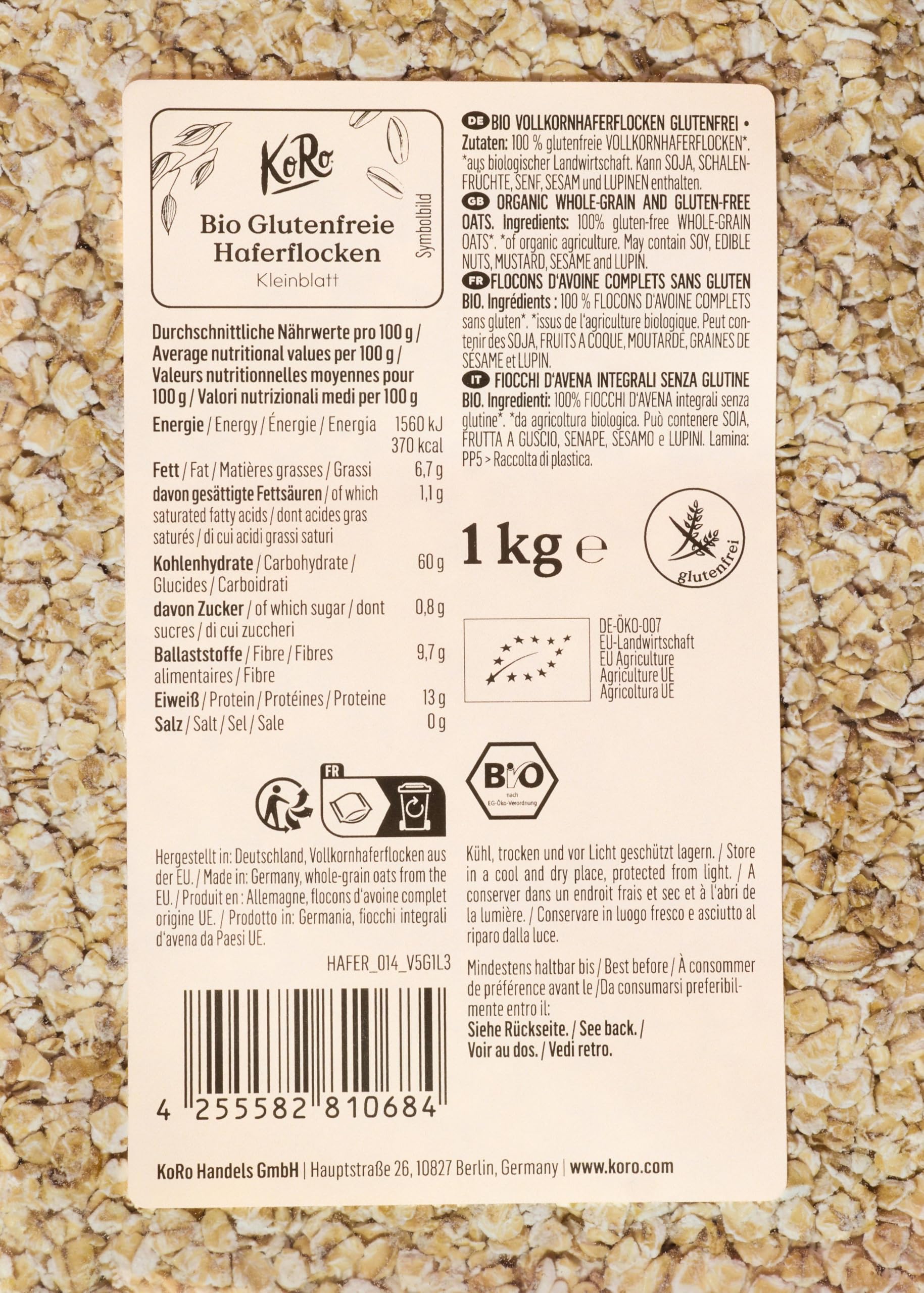 KoRo - Fiocchi piccoli di avena bio senza glutine 4 x 1 kg - senza glutine - per porridge e smoothie - consistenza tenera