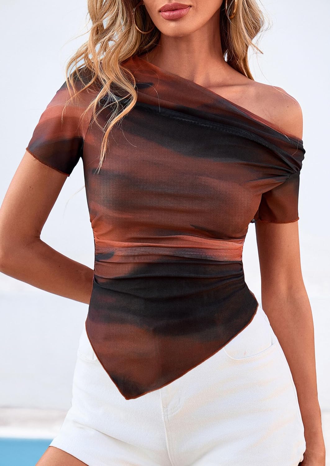 PRETTYGARDEN Womens Summer Off The Shoulder Tops 2026 Spring Short Sleeve Mesh Tie Dye Shirt Ruched Asymmetrical Y2k Clothes - Image 6