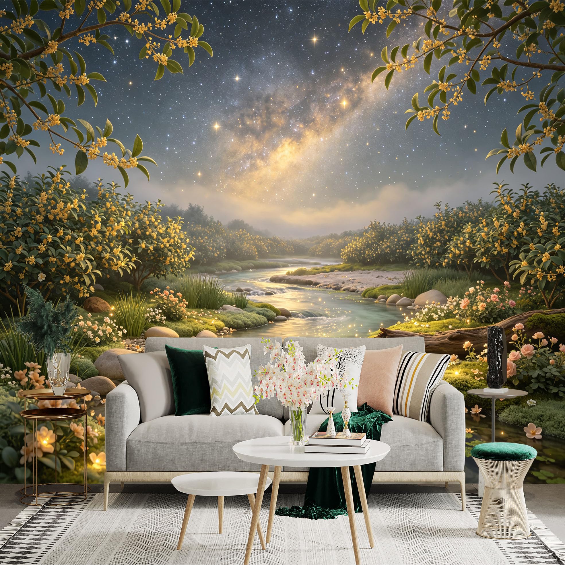 Lnzczhyre Bh260719438 Custom Size Wall Sticker Mural， Milky Way Night Sky， Glowing Flowers By The River， Peaceful Stream Landscape， For Wall Decoration， Peelandstick Wall Decals.
