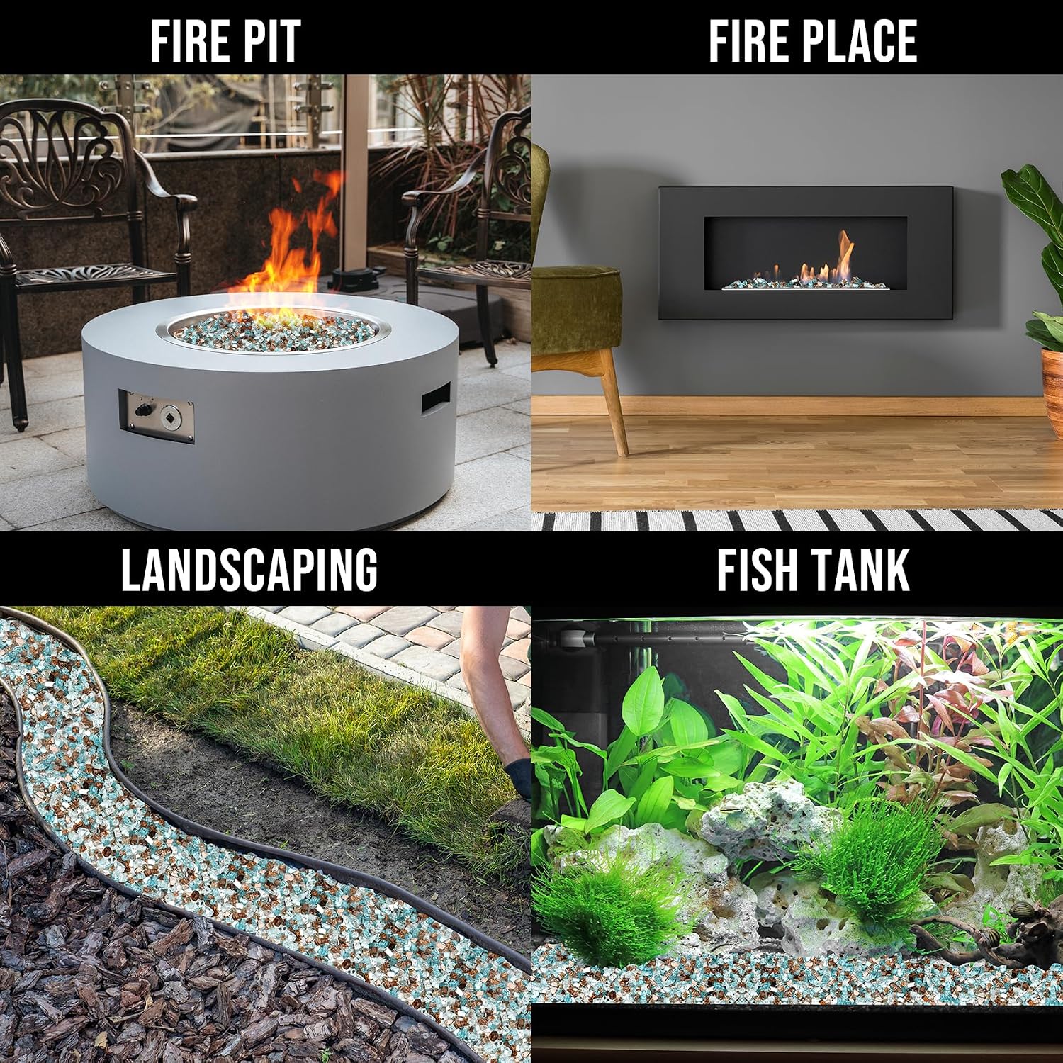 Skyflame 10-Pound Blended Fire Glass for Fire Pit Fireplace Landscaping, 1/2 inch Aqua Blue, Platinum, Copper Reflective