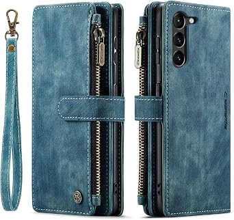 Genuine Leather Wallet Case for Samsung Galaxy S23 Cards Holder Magnetic Wallet Flip Lanyard Strap Wristlet Zipper Purse Phone Cover for Galaxy S23 Blue