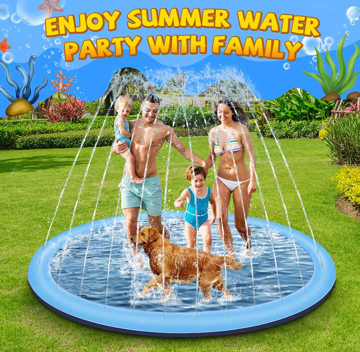 Juegos de Agua para Niños Exterior, Juegos Piscina para Niños, 170CM Splash Pad Juegos Exterior Niños Antideslizante (Azul-170cm)