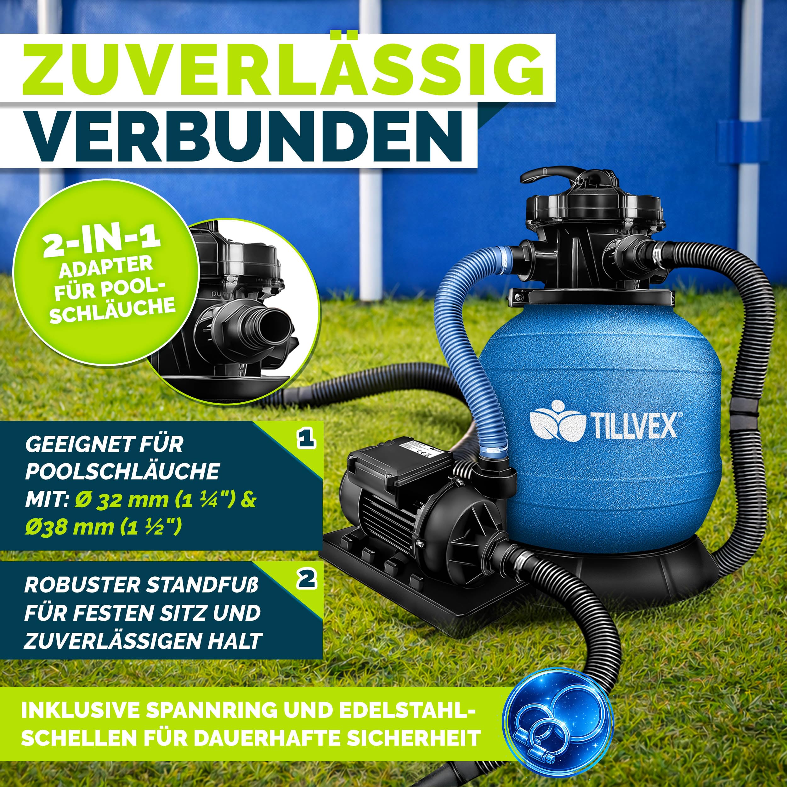 tillvex® Sandfilteranlage Pool 7.900L/h inkl. 400g Filterbälle | Filteranlage 7-Wege Ventil & 2in1 Adapter Ø32mm - 38mm | Poolfilter mit Druckanzeige | Sandfilter für Schwimmbecken (Blau)