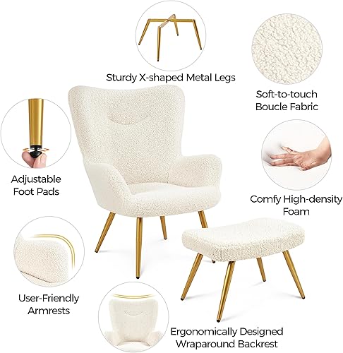 Miniatura 5 de Yaheetech Juego de silla decorativa y otomana, sillón Sherpa con patas de metal dorado y respaldo alto, reposapiés para sala de estar, salón,