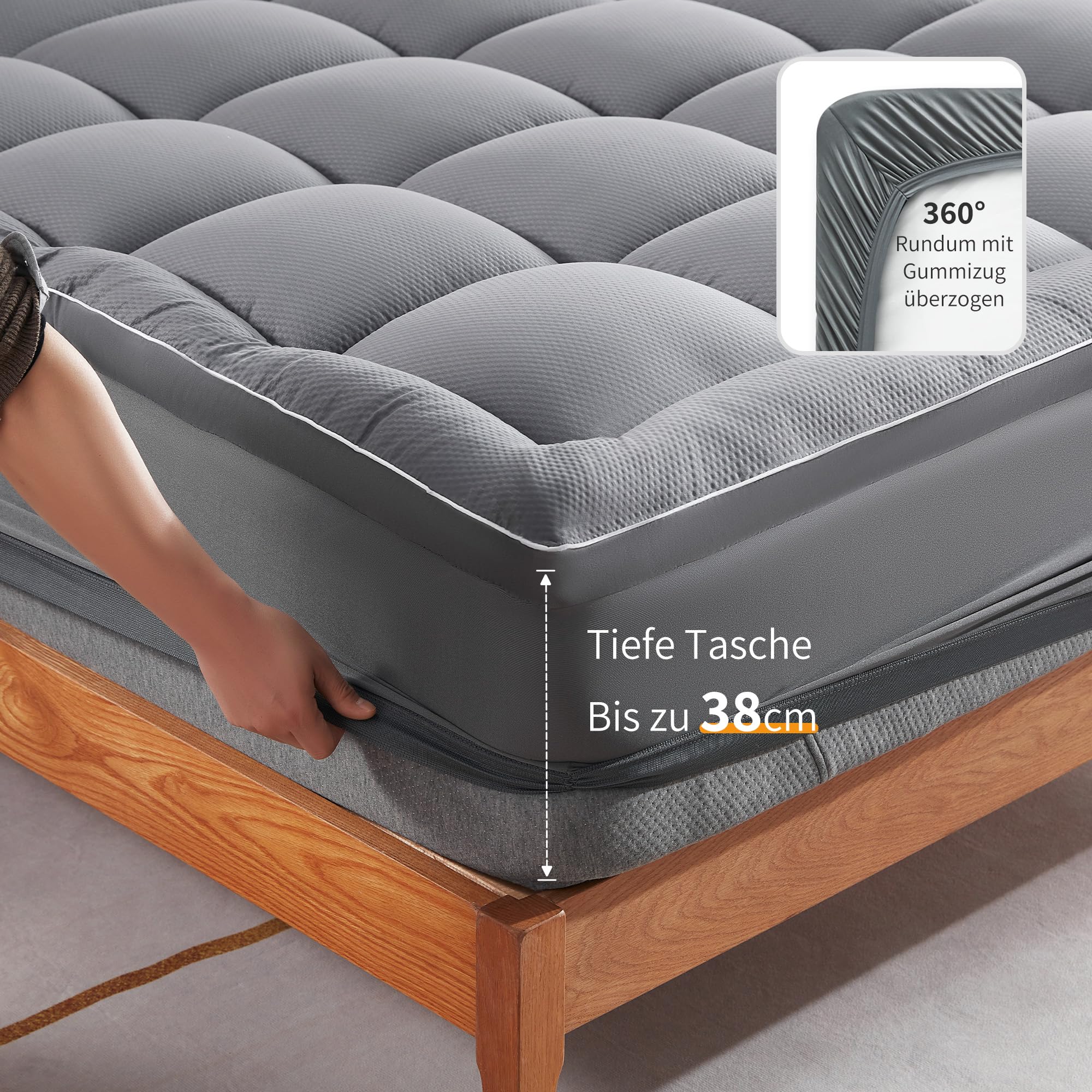Sonive Matratzenauflage für Doppelbett, 135 x 190 cm, gesteppt, dick, für Doppelbett, superweiche Matratzenauflage mit extra tiefer Tasche, 38 cm, Hotelqualität, Grau