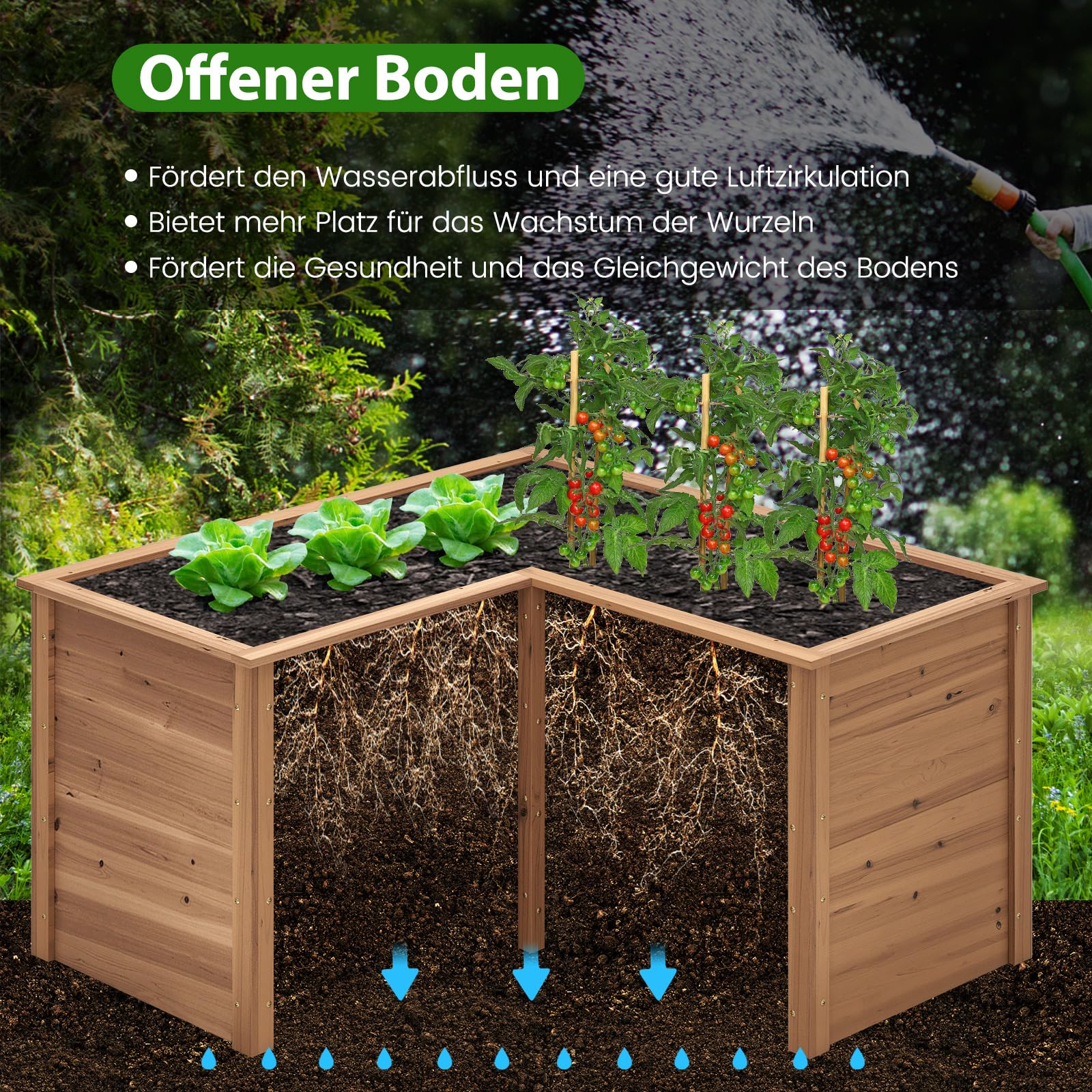 COSTWAY Erhöhtes Hochbeet Holz, Gartenbeet tief, Pflanzkasten mit offenem Boden, für Balkon Garten Terrasse, Pflanzenbeet L-förmig, Kräuterbeet Pflanzkasten, Tannenholz, 120 x 120 x 63 cm (Braun)