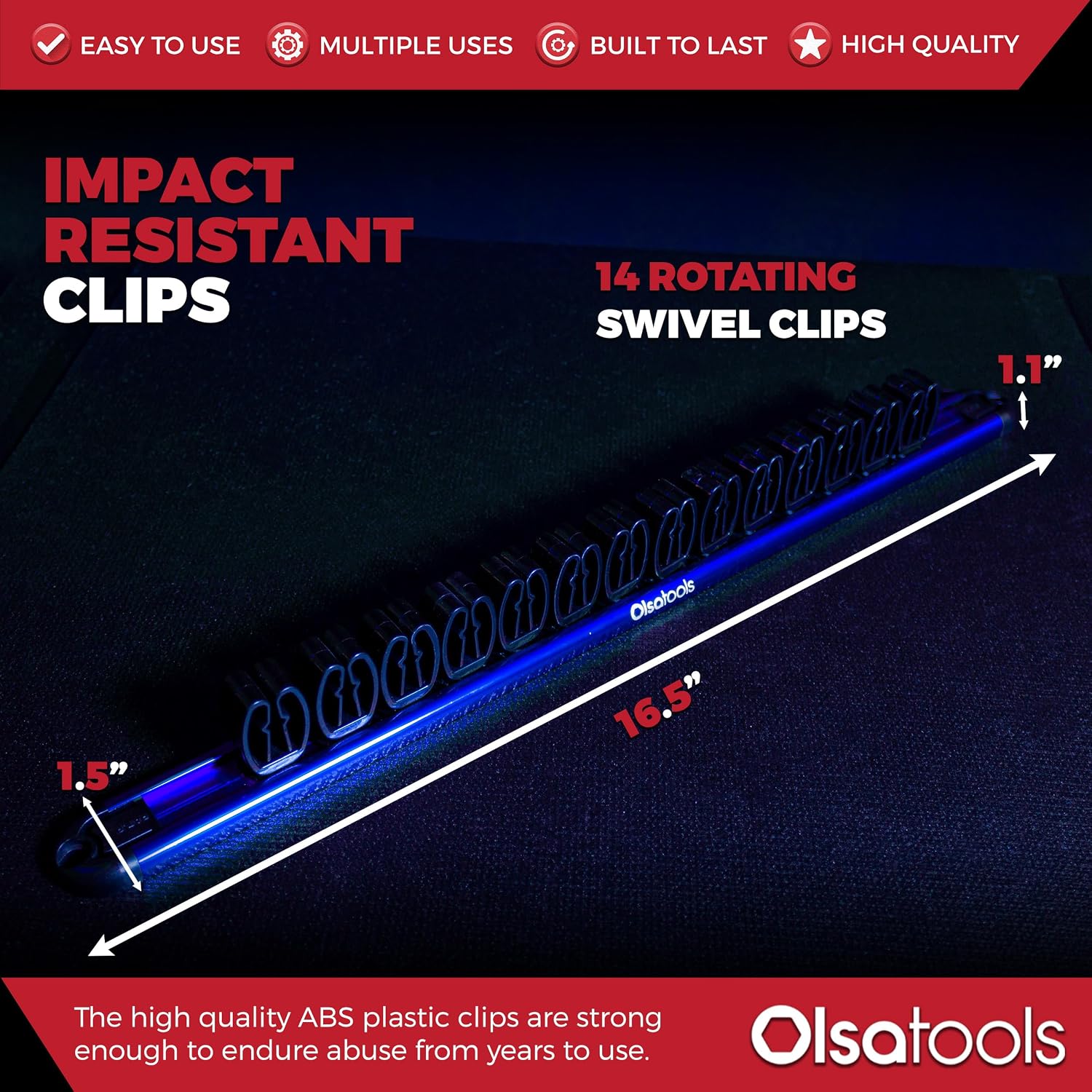 Olsa Tools Wall Mount Wrench Organizer - Rotating Clip Rack for 14 Wrenches - Blue Anodized Aluminum with Black Clips - Space Saving Tool Holder - Professional Grade Storage Solution - Part: 1029