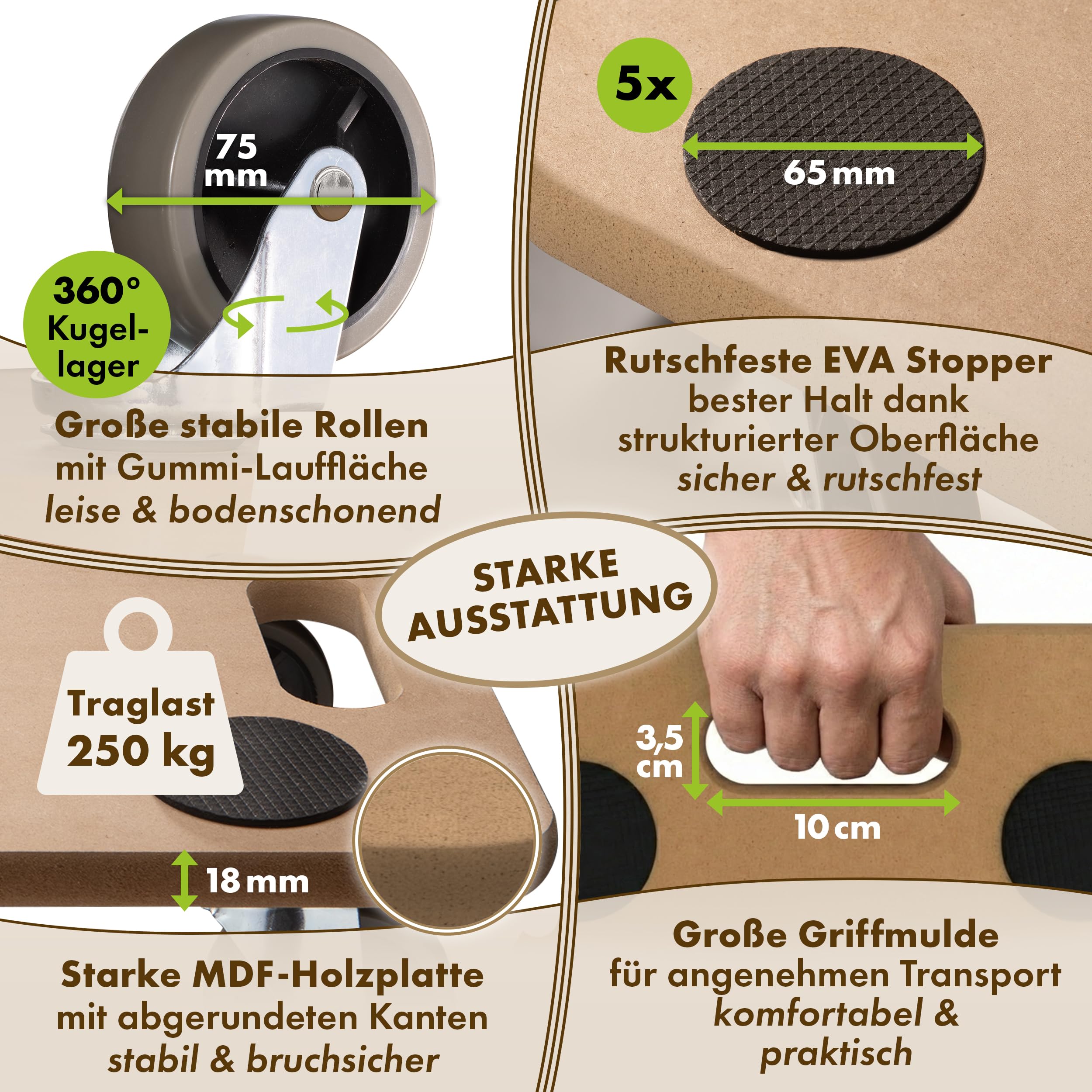 TTL Home Juego de 3 ruedas para muebles, 58 x 30 x 11 cm, carga de 250 kg, ruedas giratorias de goma 360°, ruedas giratorias y 5 almohadillas antideslizantes, carrito para objetos pesados para