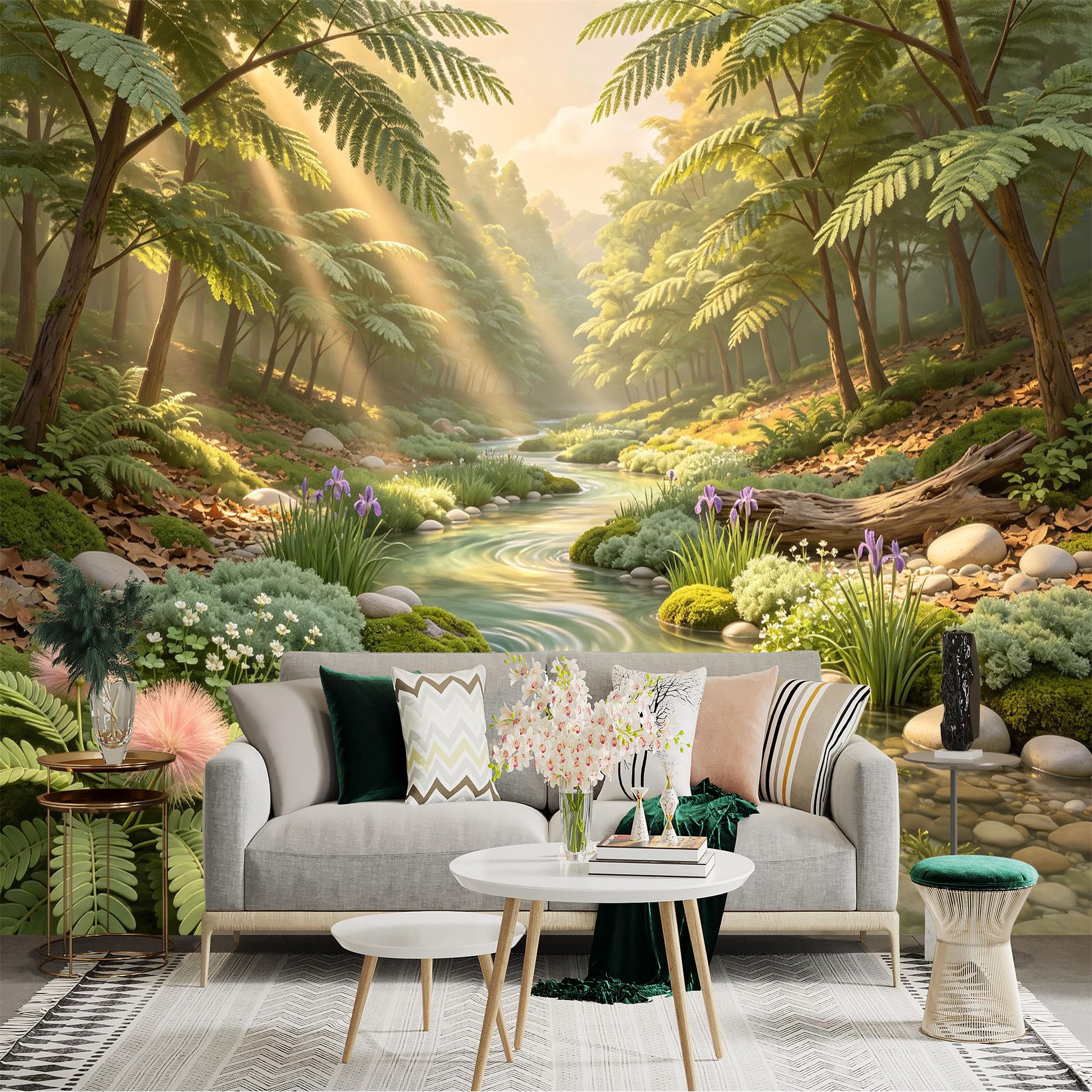 Lnzczhyre Bh260719594 Custom Size Wall Sticker Mural， Sunlit Forest Stream， Serene Woodland Scenery， Wildflowers And Mossy Stones， For Wall Decoration， Peelandstick Wall Decals.
