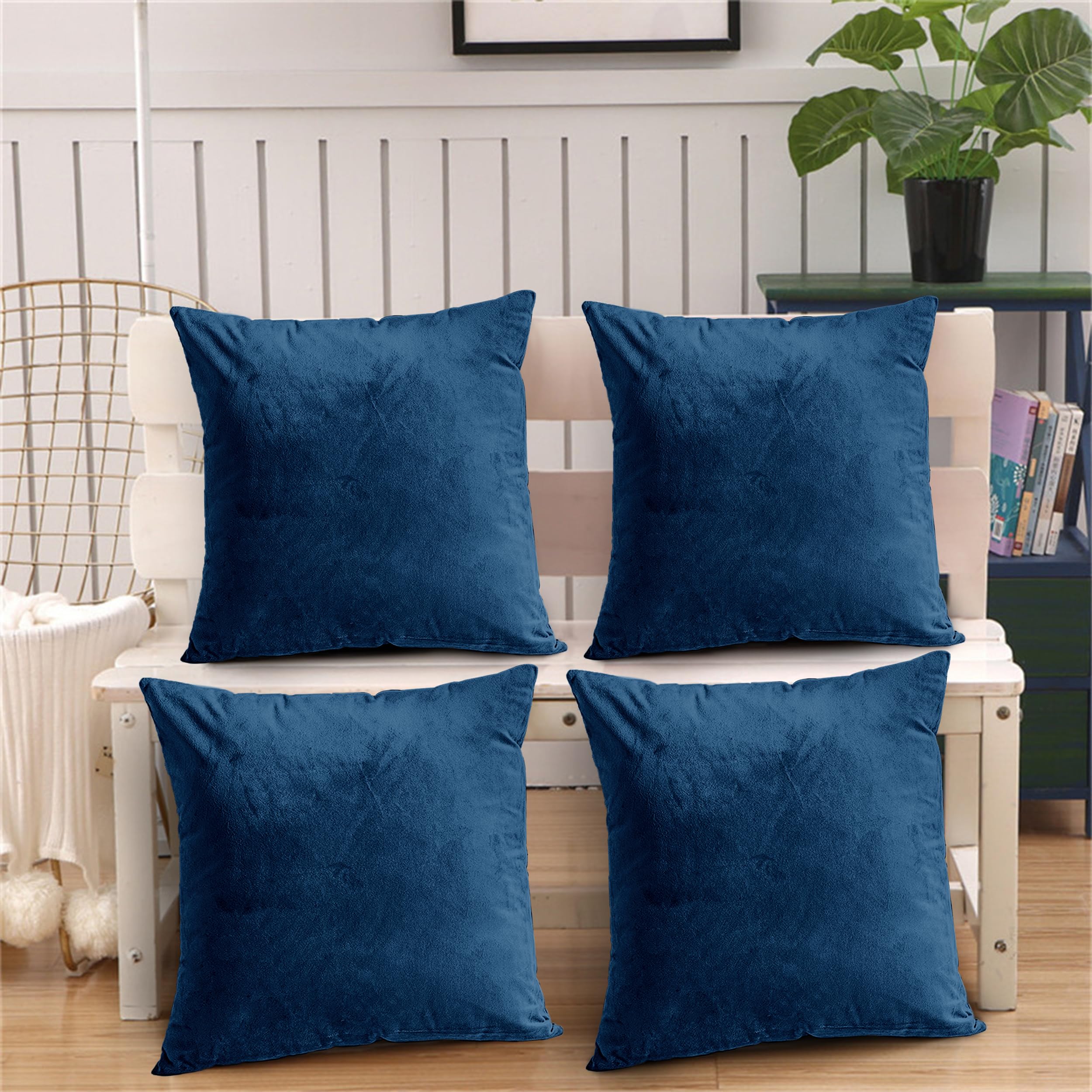 Oxford Homeware Navy Cushion Covers 45 X 45 Cm (Pack Of 4) Decorative Velvet Cushions Cover For Living Room Sofa Bedroom With Invisible Zipper, 18X18 Inches