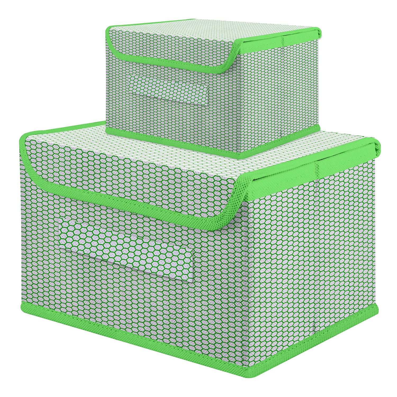 Kuber Industries Drawer Storage Box | Zig Zag Storage Box With Lid | Non-Woven Clothes Organizer | Storage Box with Handle | S | L | Pack of 2 | Green