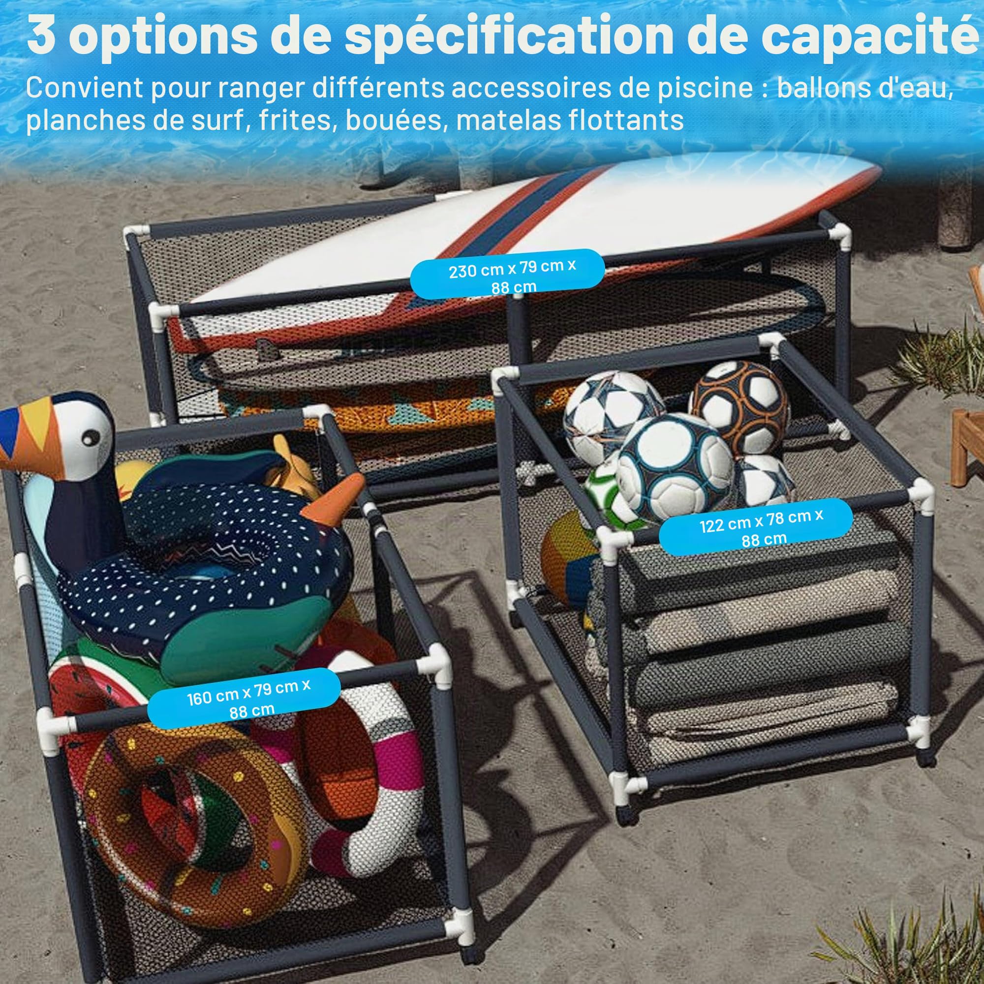 NAIZY Bac de rangement avec 4 roulettes, 122 x 78 x 88 cm, grand organiseur en tube PVC + maille respirante, porte-nouilles, chariot de rangement, pour organisateur de piscine, rangement de petites