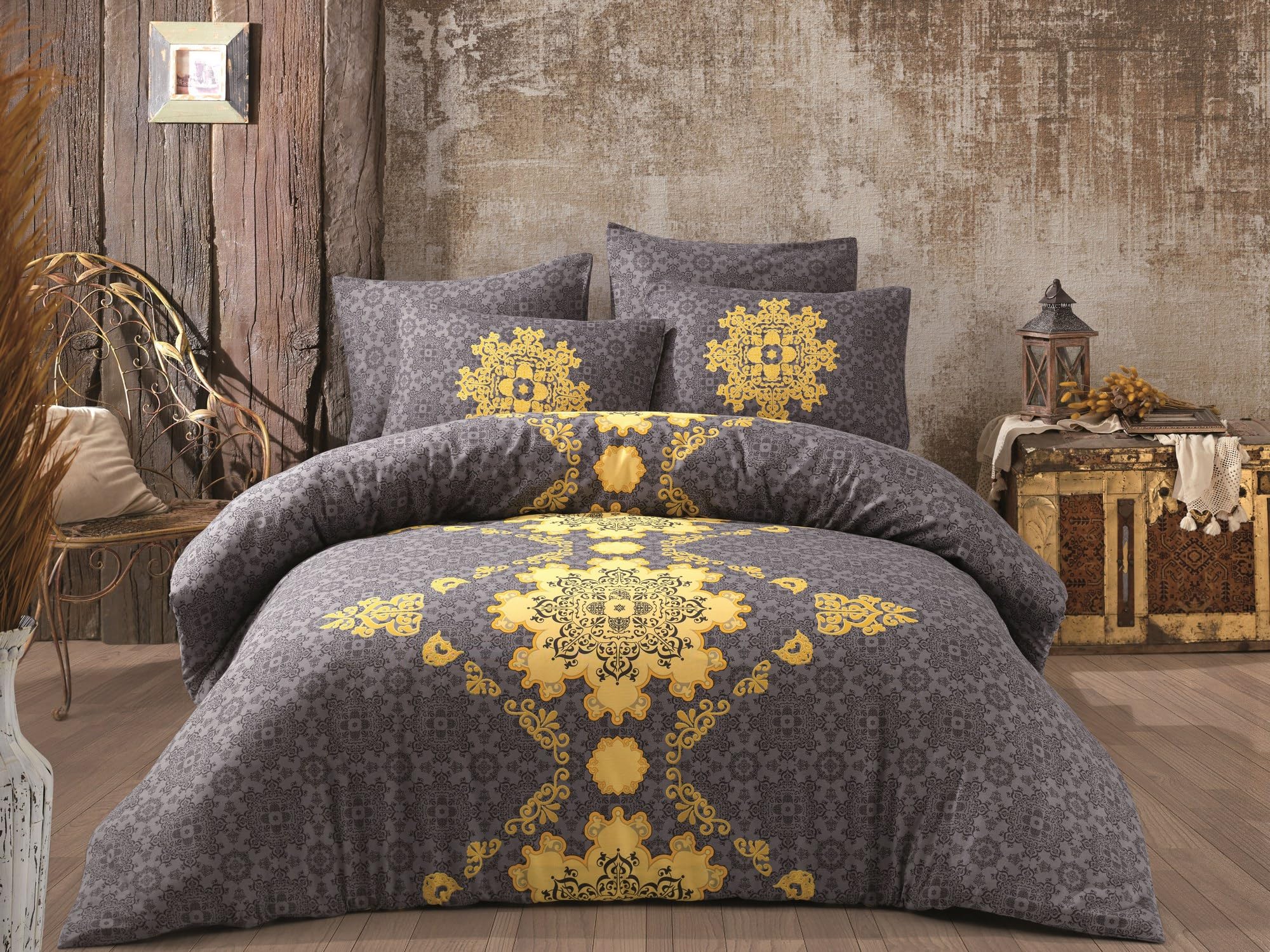 Nuit Des Rêves Ranforce Single Quilt Cover Set (135 x 200 cm), 100% Cotton, Grey & Yellow | Machine Washable, 140 Thread Count, Button & Envelope Closure | Cosy & Stylish Bedding