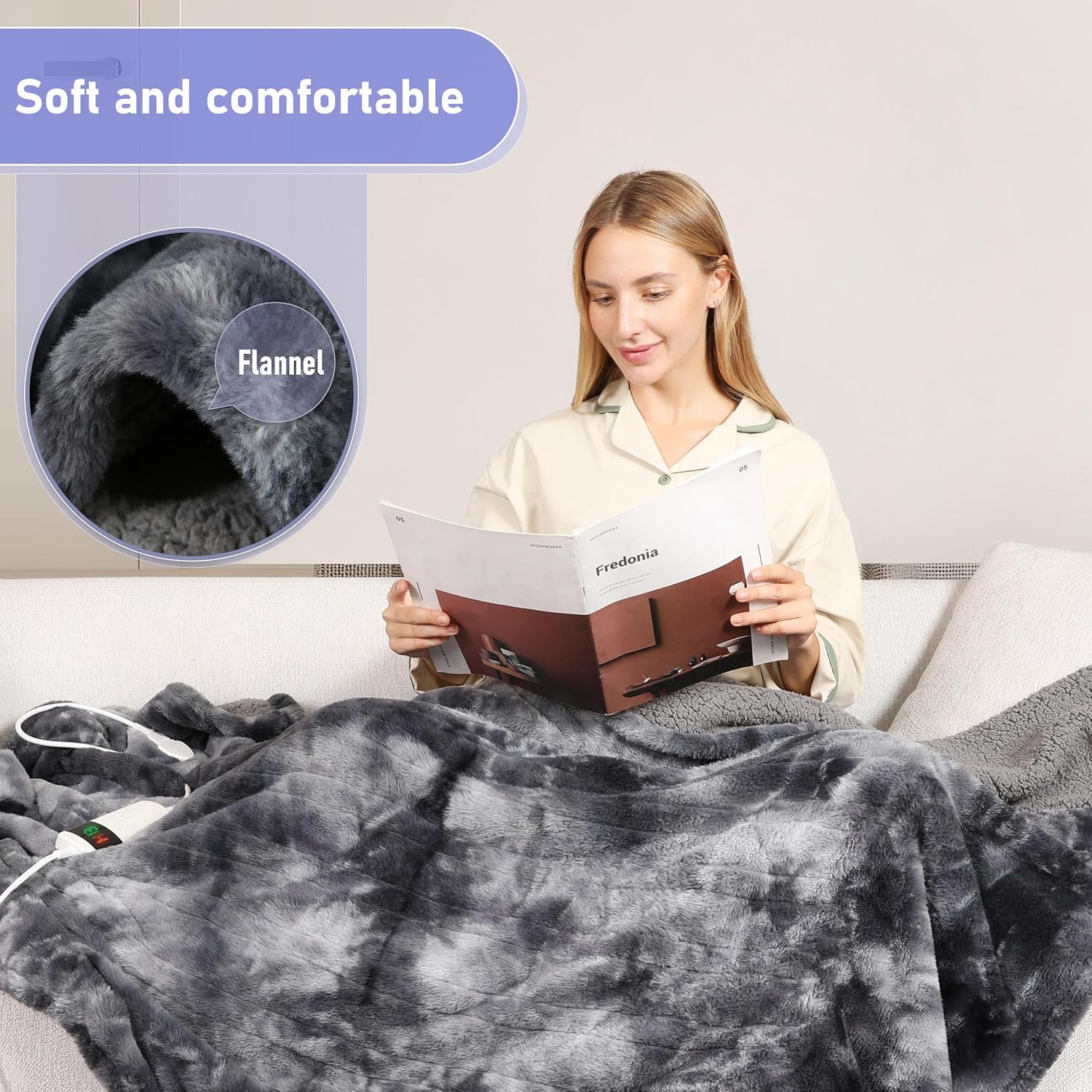 Electric Heated Blanket Throw 50''x60''Size Faux Fur Heating Blanket 10 Heating Settings, 1-8h Timer & Overheat Protection, Machine Washable, Soft Flannel and Sherpa Full Body Warmth