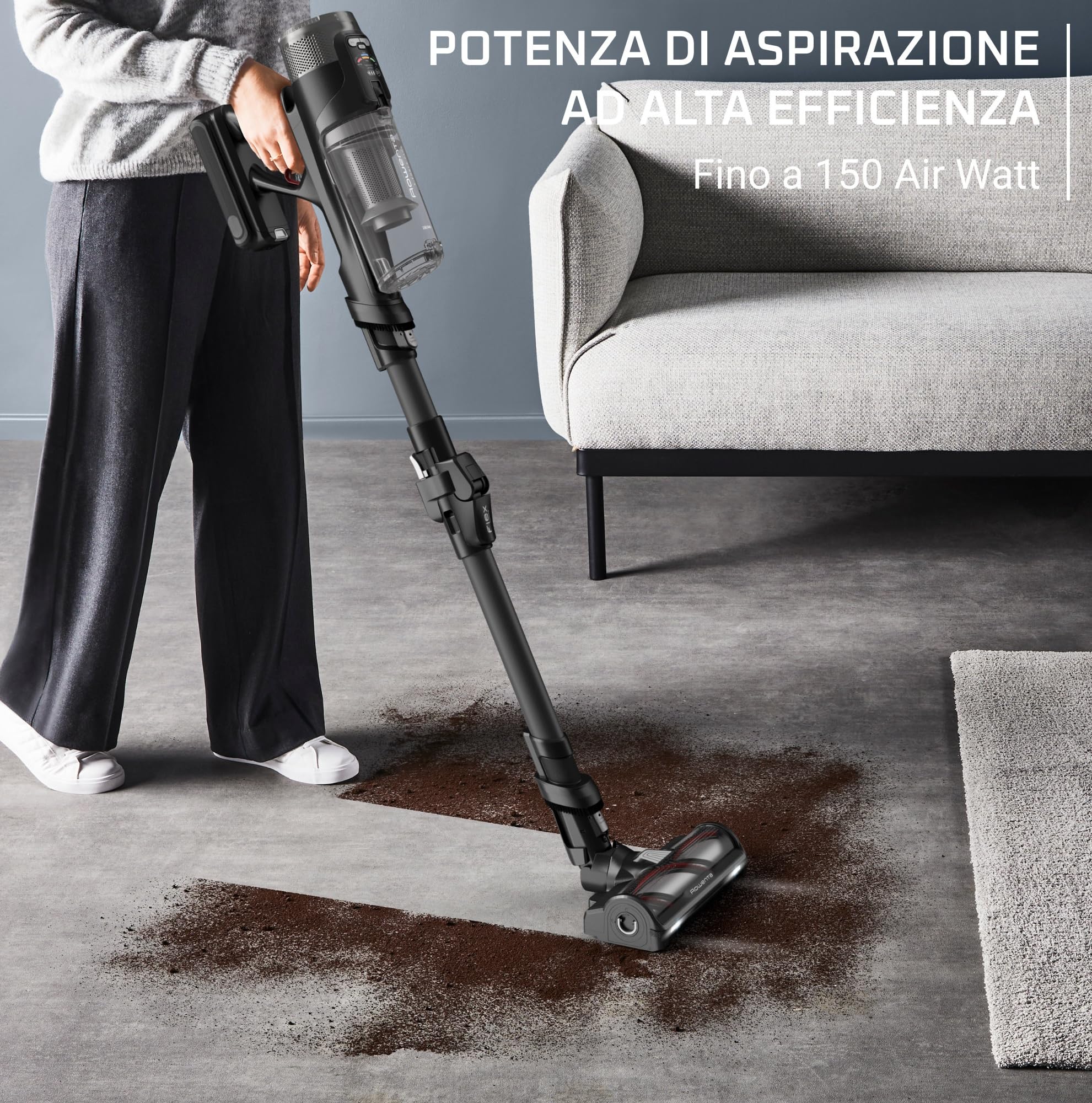 Rowenta X-Force Flex 12.60 Neo Complete, Aspirapolvere Senza Fili Potente con Due Spazzole per Pavimenti e Tappeti, Display, Autonomia Fino a 60 Minuti, 150 AirWatt, RH9L55