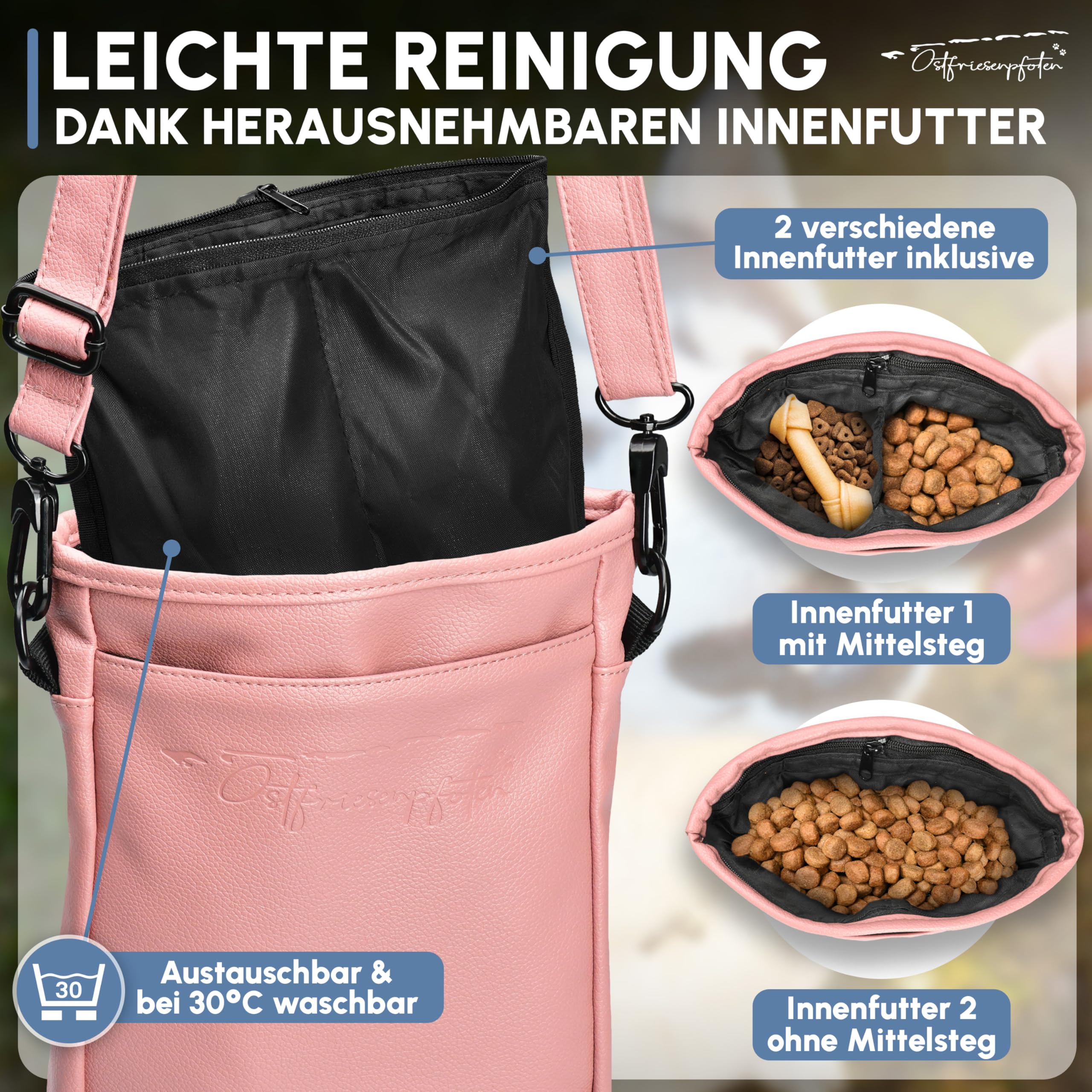 Leckerlibeutel 'Frieda' für Hunde aus hochwertigem Kunstleder - Altrosa Größe L - Futterbeutel mit EasyOpen Einhandmagnetverschluss - Gassitasche für Hunde-Leckerli