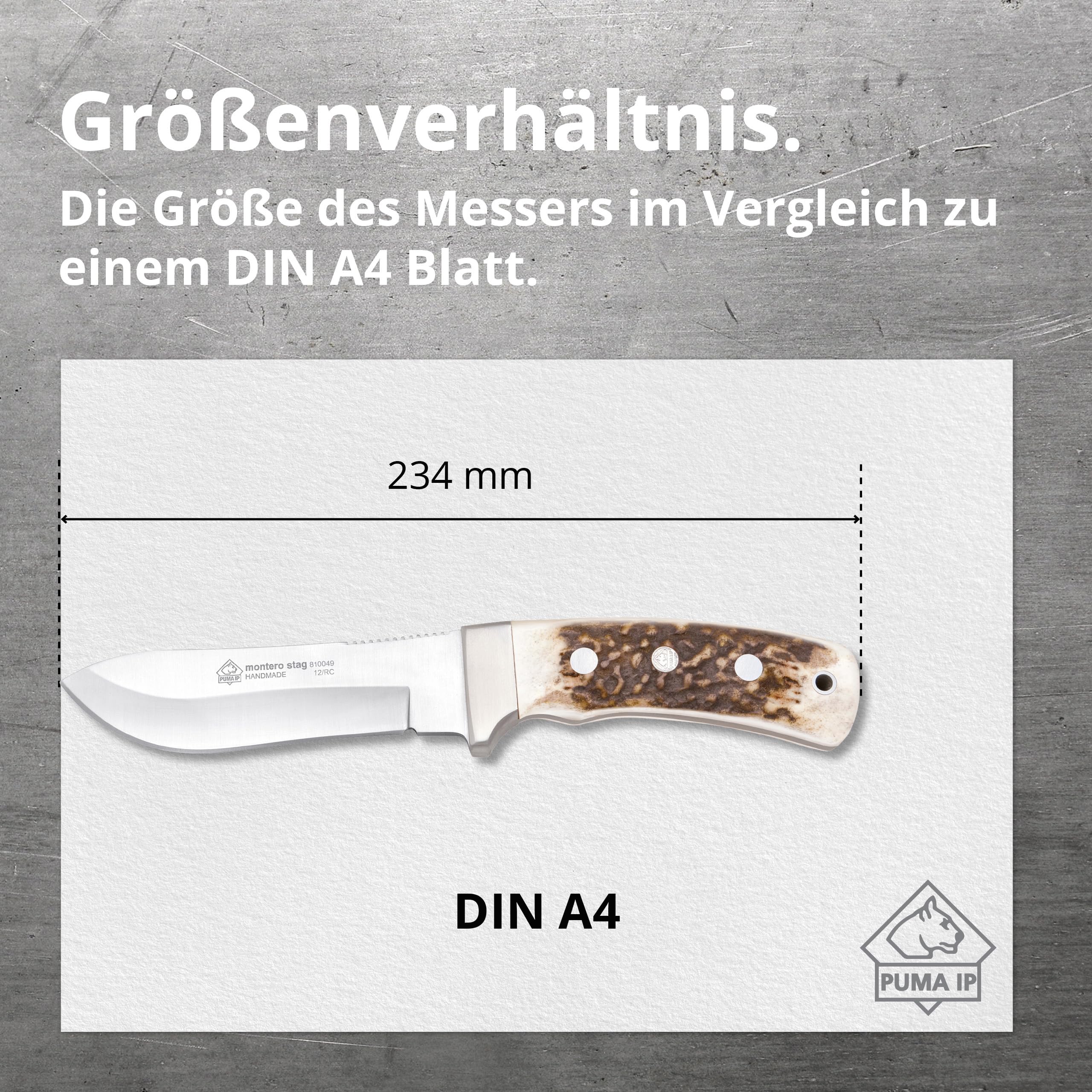 PUMA IP - Montero Stag – Feststehendes Full-Tang Outdoormesser mit Hirschhorn-Griff – handgefertigt - robuste Klinge mit einer Länge von 119mm – Gesamtlänge 234mm – mit hochwertiger Sattellederscheide