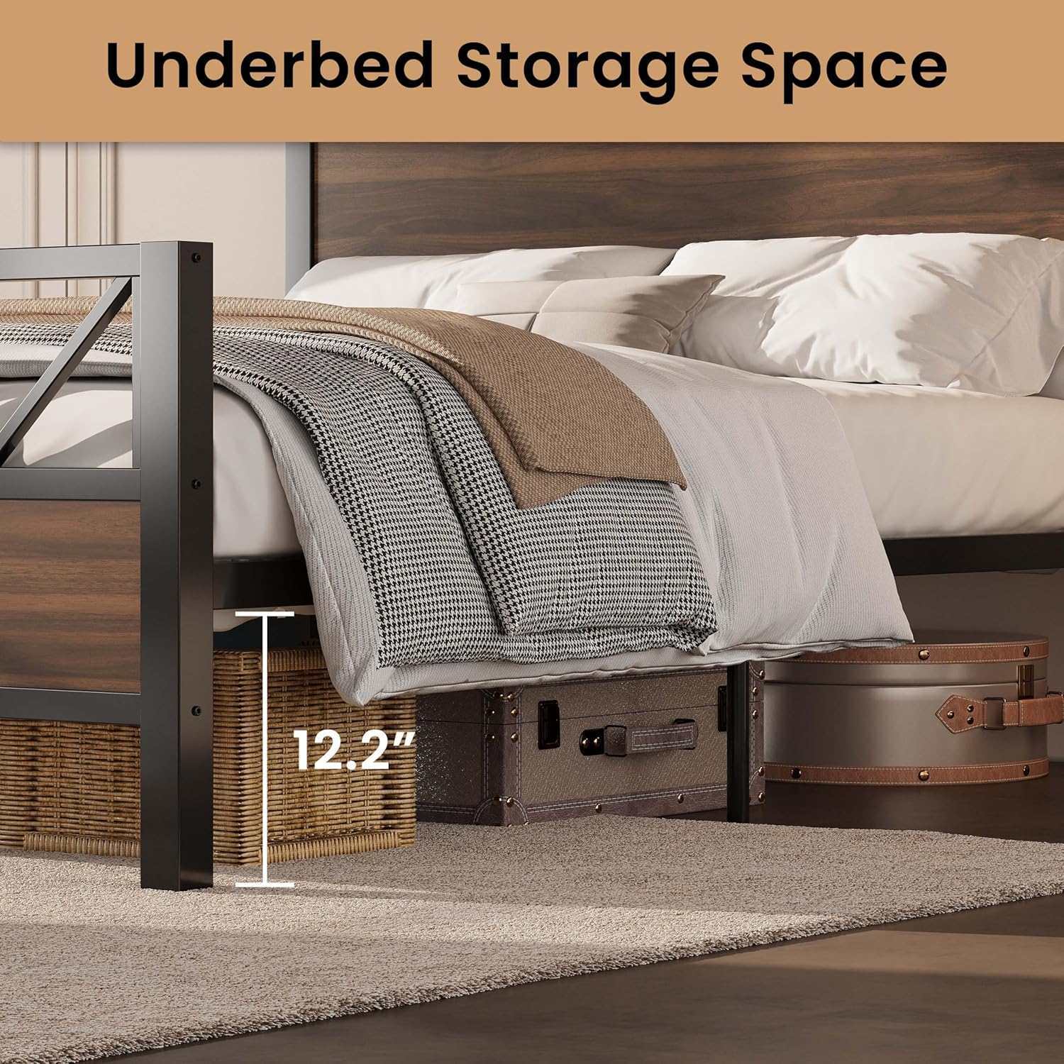 LIKIMIO King Bed Frame, Tall Industrial Headboard 51.2 ", Platform Bed Frame with Strong Metal Support, Solid and Stable, Noise Free, No Box Spring Needed, Easy Assembly, Walnut