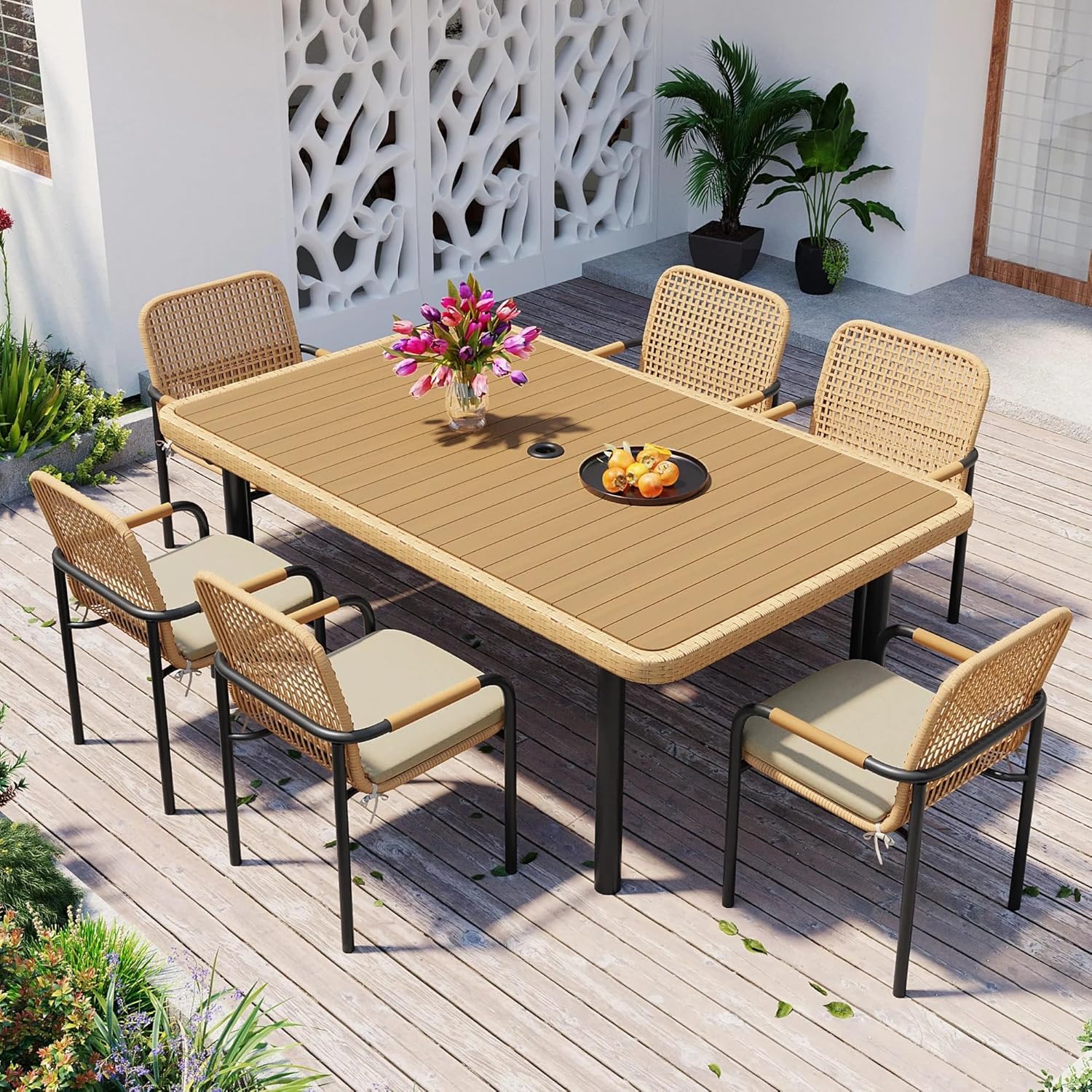 7 Pieces Patio Dining Set, Outdoor Wicker Furniture Set, Plastic-Wood Table Top with Umbrella Hole, Rattan Dining Set for Backyard, Garden and Poolside,Beige Cushions (Oatmeal)