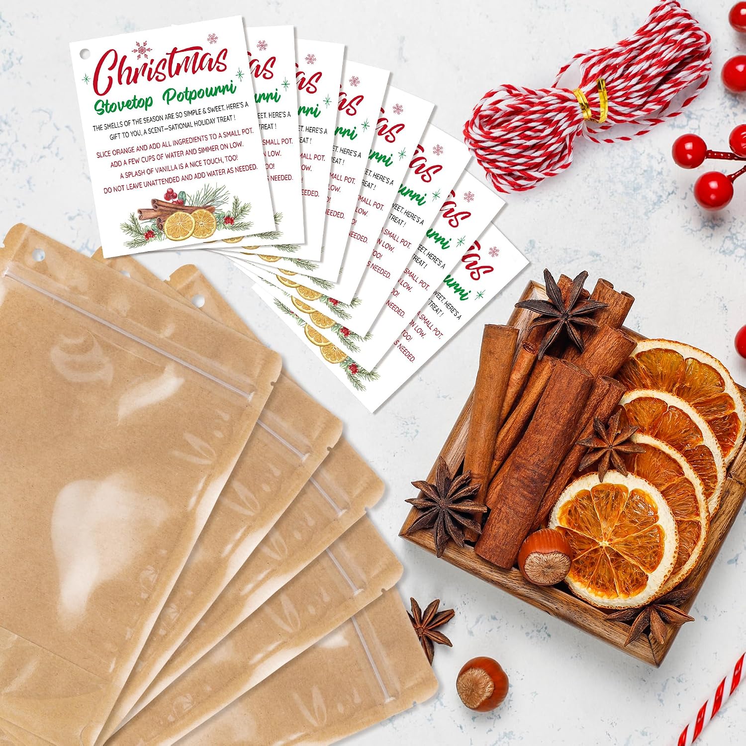 H1vojoxo Christmas Stovetop Potpourri Gift Bags - 101pcs Christmas Potpourri Kraft Paper Bags Kit 50pcs Resealable Stand-up Pouches with Simmer Instruction Tags Simmer DIY Crafting Gift for Xmas Party