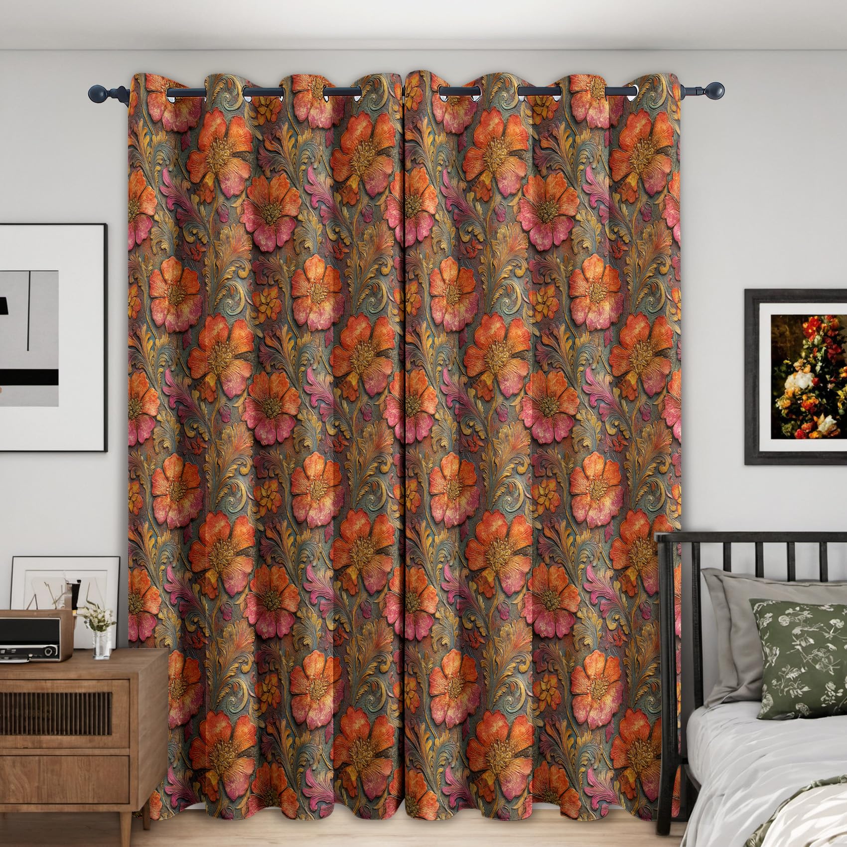 Rideau occultant thermique isolant 117x137 motif fleurs vintage orange V472