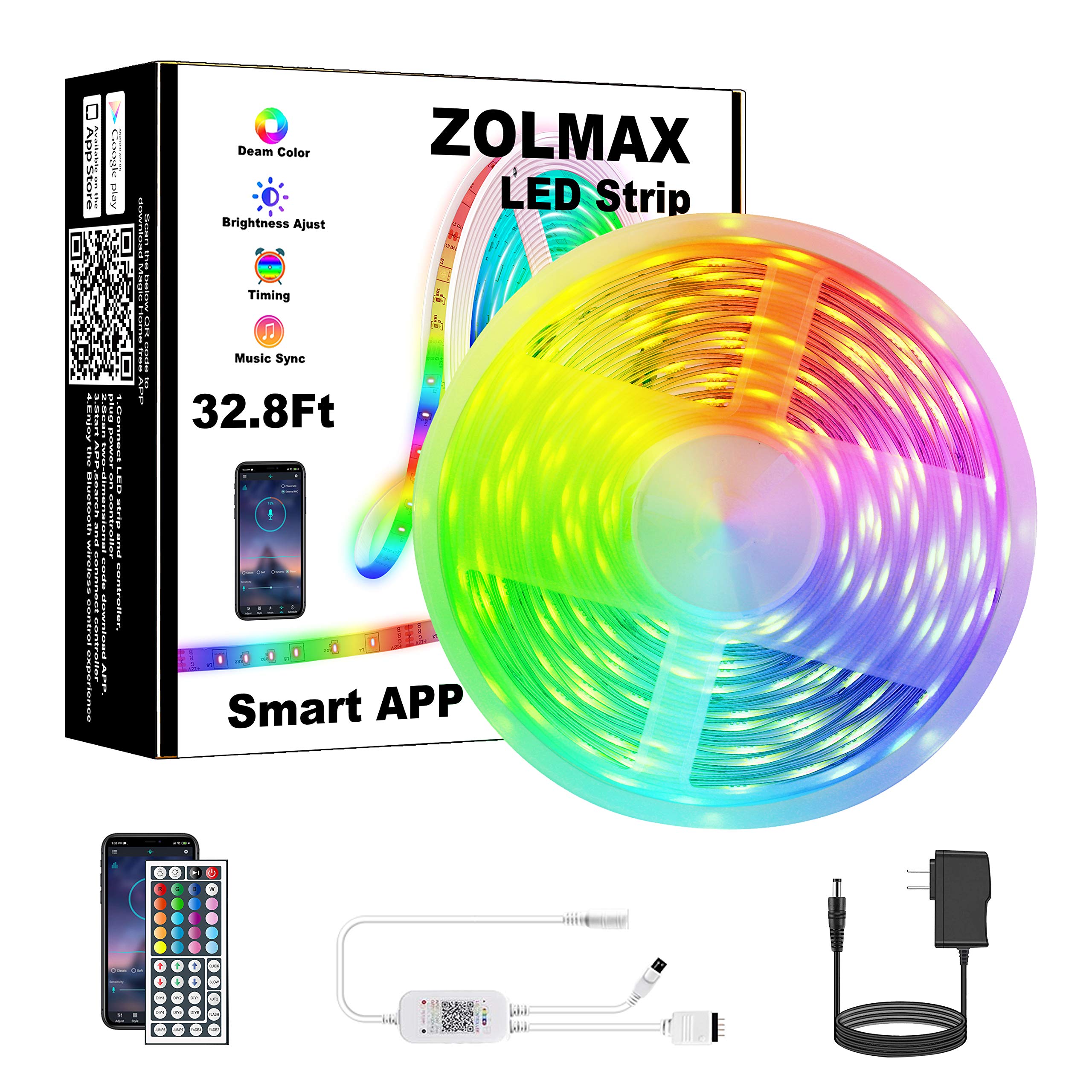 ZOLMAX LED Strip Lights, Music Led Strip Light, RGB Strip Lights Bluetooth app Controlled LED Lights Rope Lights 32.8FT 5050 RGB LED Light Strip(APP+Remote)