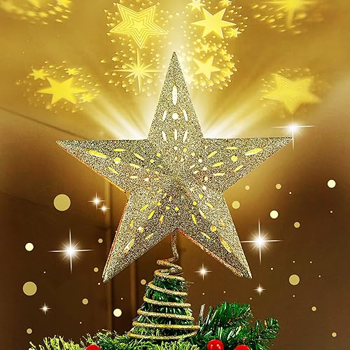 Lulu Home Decoración para árbol de Navidad con proyector, decoración de árbol de metal con purpurina hueca 3D con proyección de estrella giratoria,