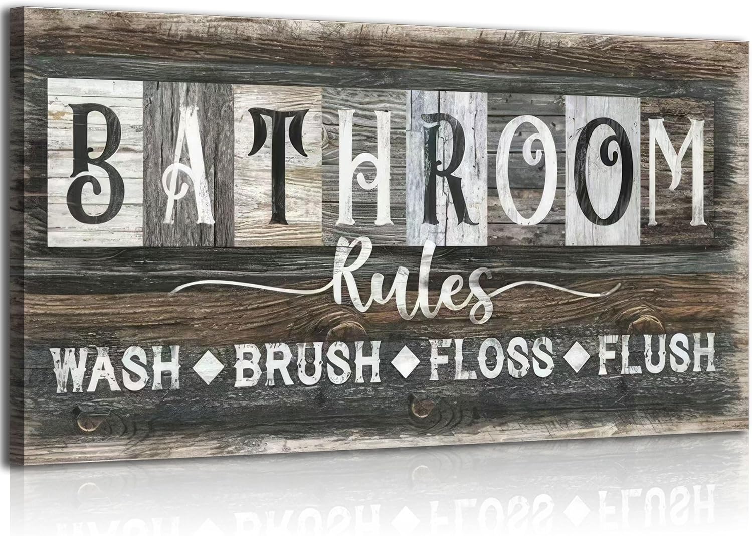 Bathroom Rules Canvas Wall Art Farmhouse Bathroom Sign Picture Vintage Rustic Poster Prints WASH BRUSH FLOSS FLUSH Humorous Sayings Wall Decor for Laundry Room Washroom Toilet Restroom 12x24in Framed