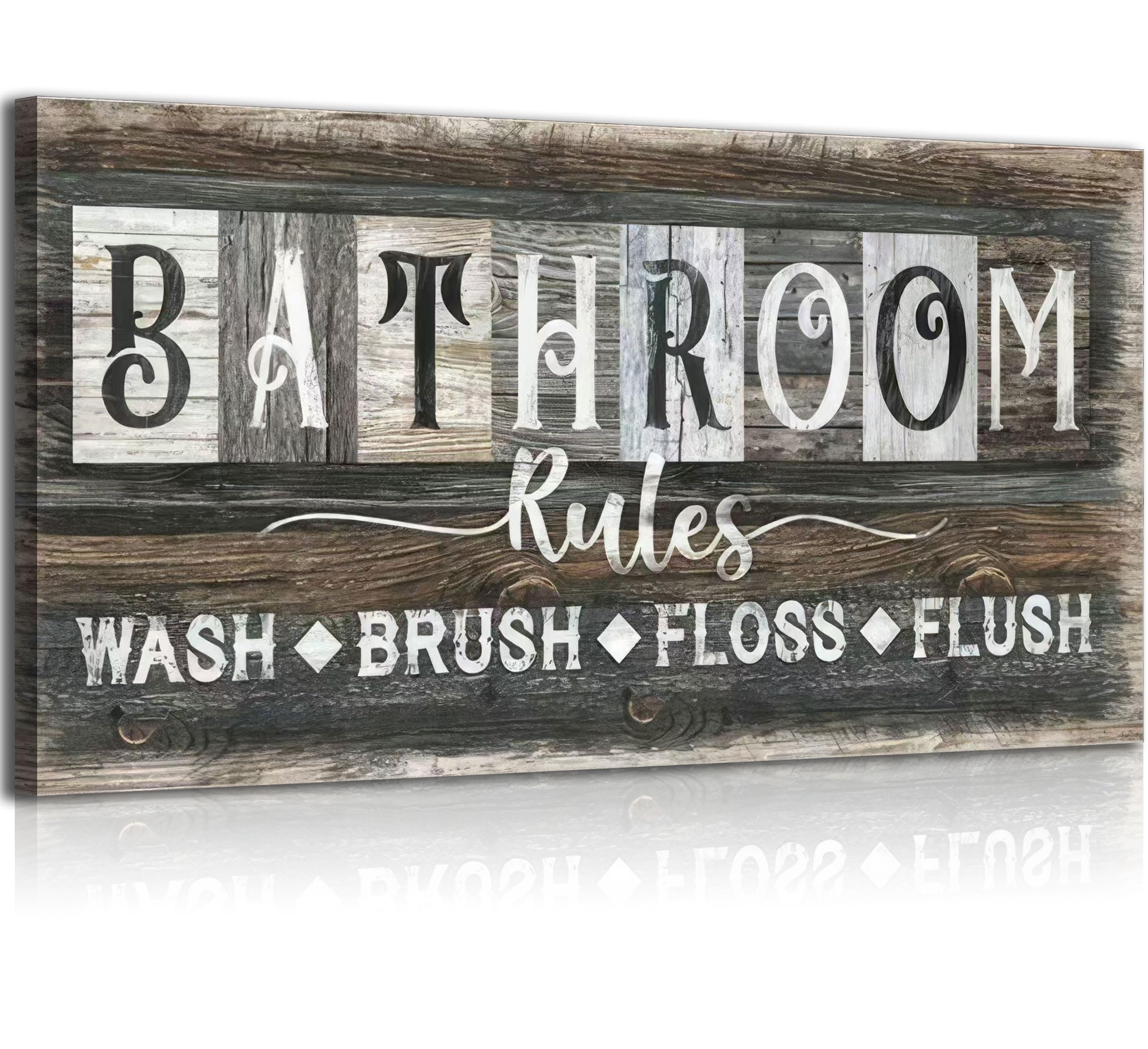 Bathroom Rules Canvas Wall Art Farmhouse Bathroom Sign Picture Vintage Rustic Poster Prints WASH BRUSH FLOSS FLUSH Humorous Sayings Wall Decor for