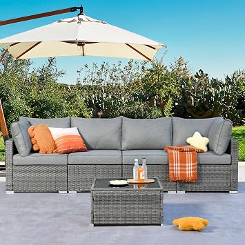 CAODOC 5 Pieces Patio Set Outdoor Wicker Furniture Sets Modern Rattan Chair Conversation Sets with Coffee Table for Yard and Bistro Dark Grey