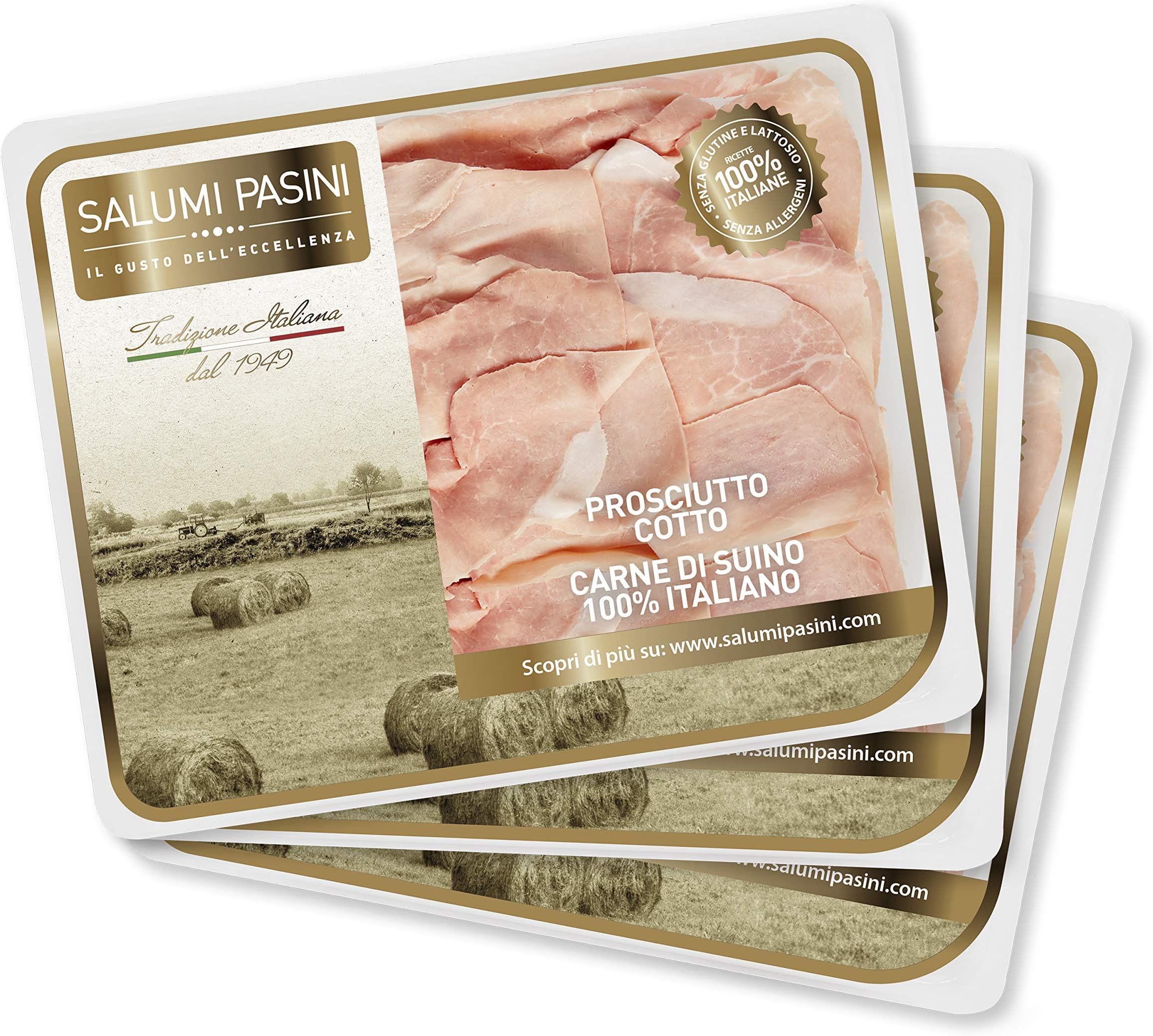 Prosciutto Cotto, Cooked Ham by Salumi Pasini® | 3 Trays, 90 gr Each | Gluten and Lactose free