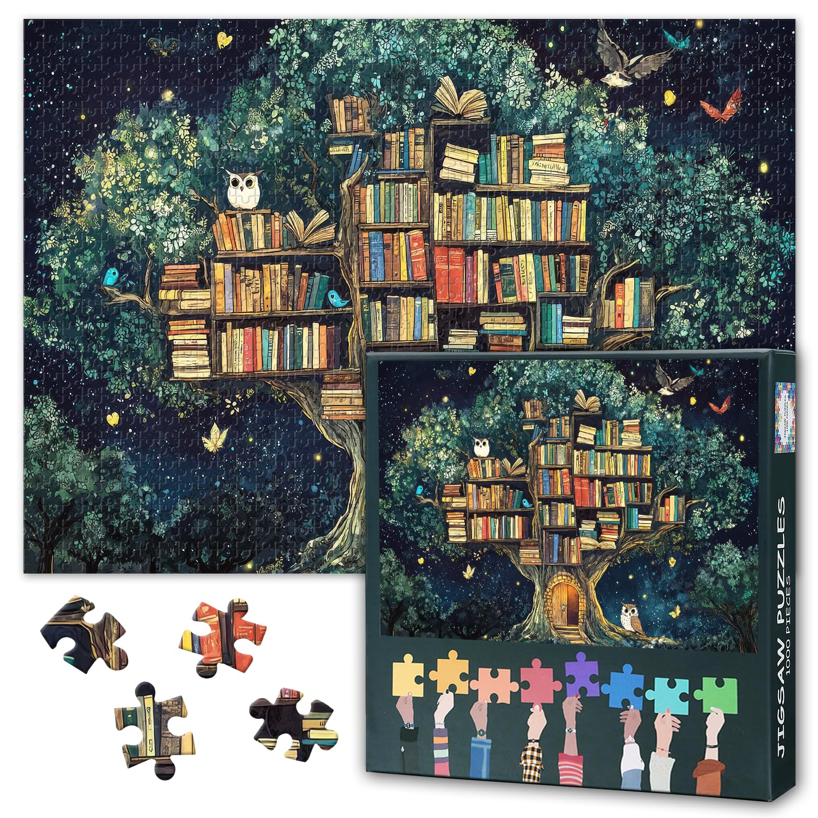 Bookshelf Puzzles for Adults 1000 Pieces, Magical Tree Library Jigsaw Puzzles, Owls and Butterflies Adult Puzzle for Adults, Educational Fun Games or Toys for Elders Friends 20X27 INCH โ image 1