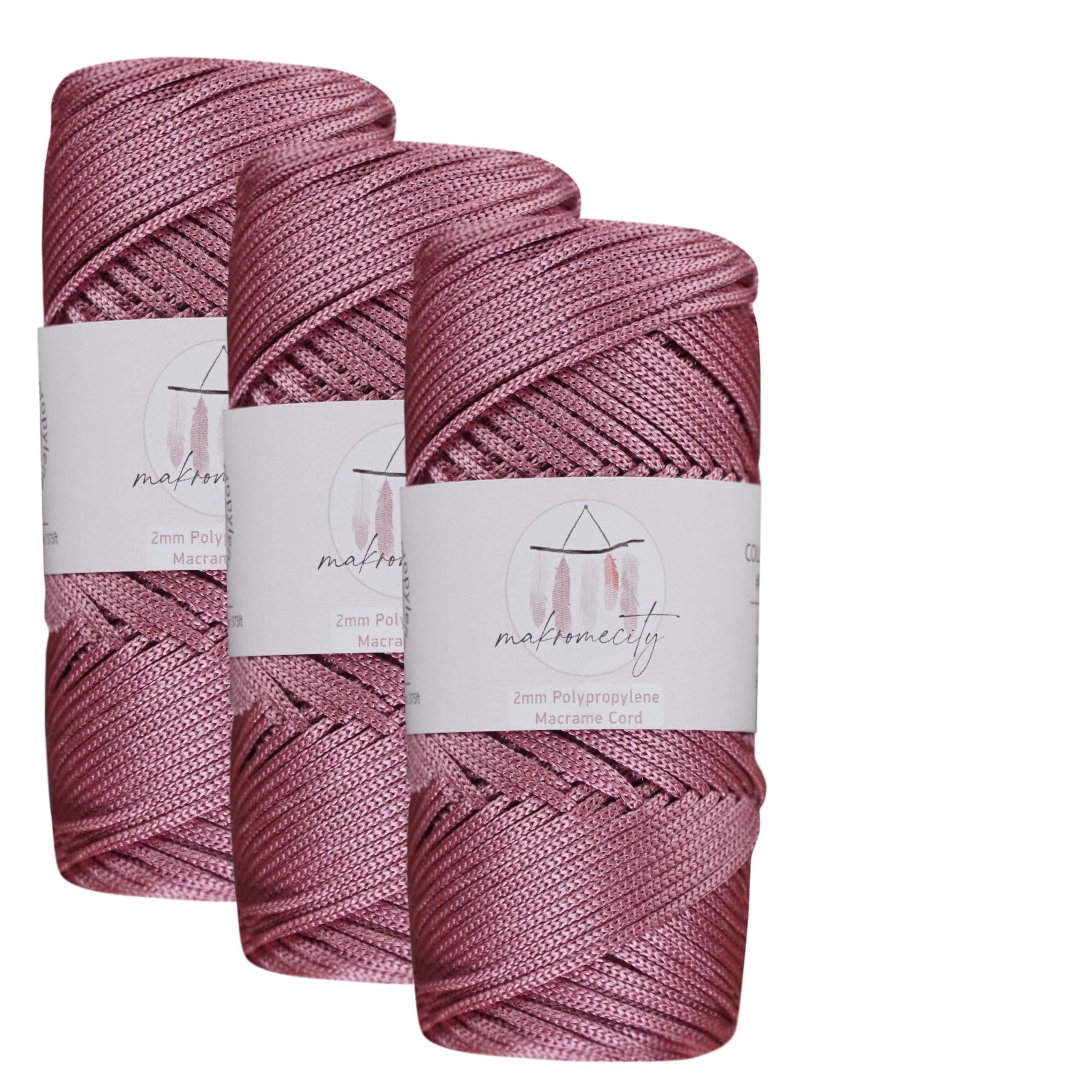 Makromecity, Polyester Macrame Cord 2mm x 375 Yards (1125 feet) 3 skeins of 2mm Polypropylene Dusty Rose Macrame Cord Crochet Macrame Bag Cord Crafts for Wall Hangings, Bags, Underplate, Rug