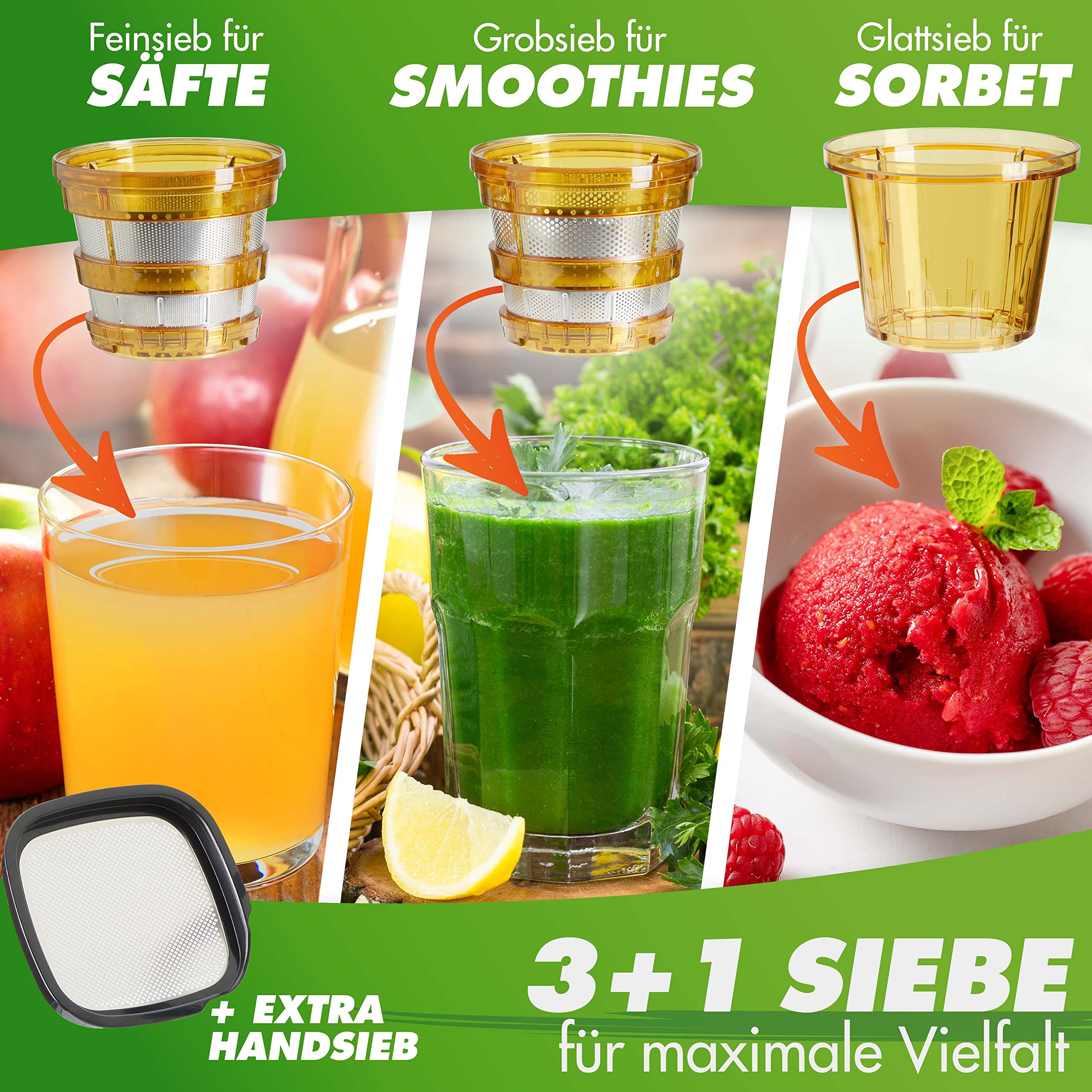 Nutrilovers Entsafter Slow Juicer NUTRI-PRESS NO.1 Testsieger Saftausbeute 3 Siebe Saft, Smoothie, Frucht-Eis, Sehr leise, BPA-Frei