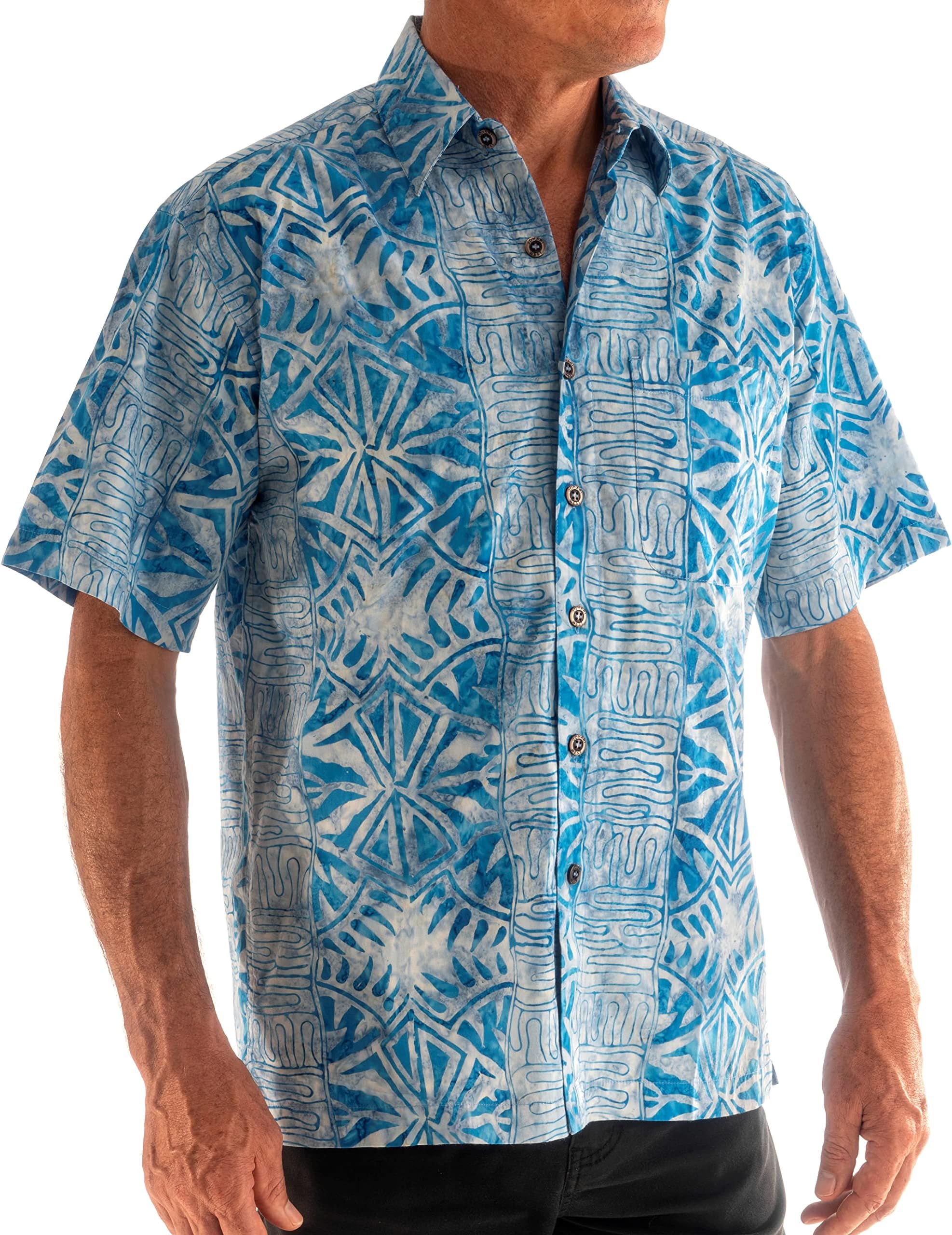 Hawaiian Short Sleeve Cotton Button-Down Batik Shirt for Men (Geometric Forest)