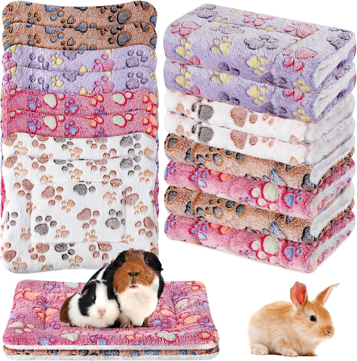 Ripeng 8 Pcs Fleece Pet Bed Mat for Small Animal,12.6" x 9.8",Bright Color | Reversible Soft Warm Bedding for Guinea Pig Cat Dog, Washable Crate Kennel Carrier Pad, Liner with Paw Prints
