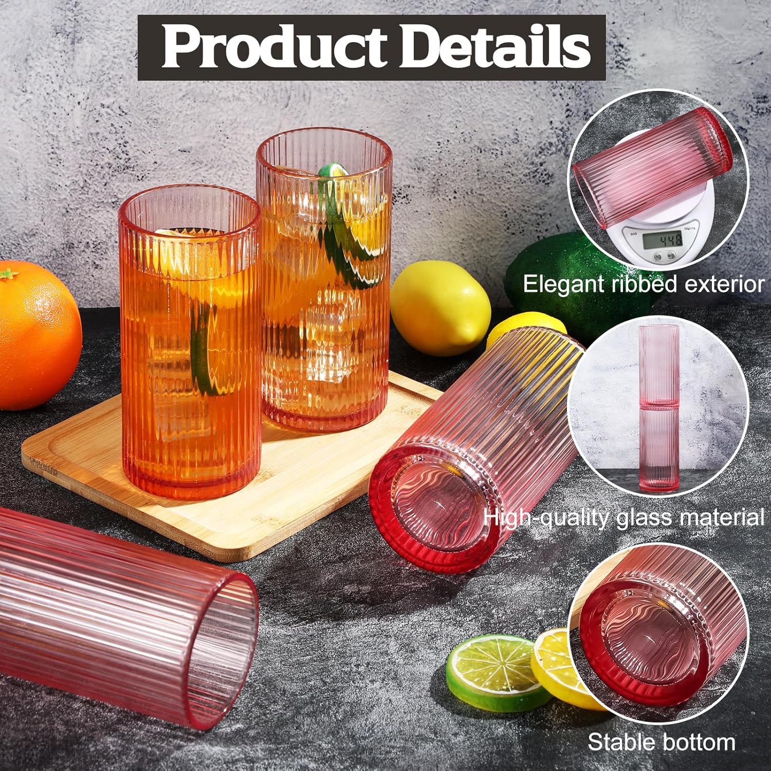 6 Packs Valentine's Pink Highball Glasses Pink Ribbed Drinking Glasses 12 oz Fluted Highball Wine Cups Bar Glassware Set for Juice, Water, Beer, Cocktails, Beverages, and Iced Tea