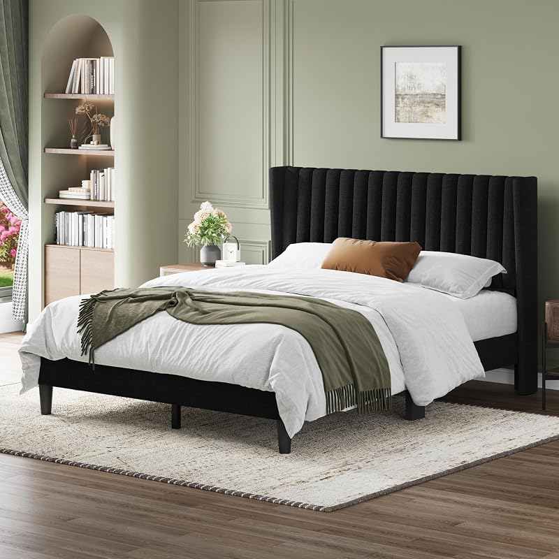 Yaheetech Queen Bed Frame with Headboard, Black Channel-Tufted Platform image 3