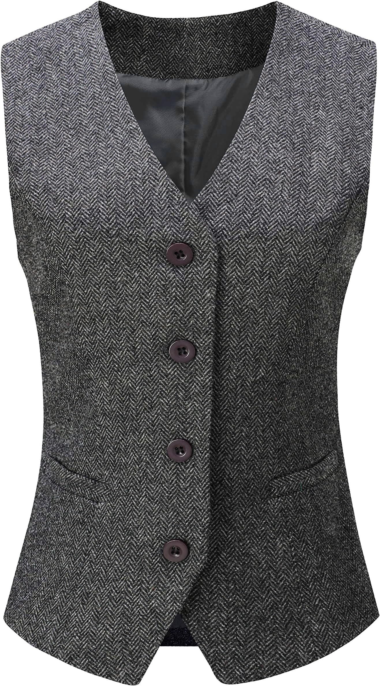 v vocni Vocni Women's Fully Lined 4 Button V-Neck Economy Dressy Suit Vest Waistcoat,Herringbone-picture-44