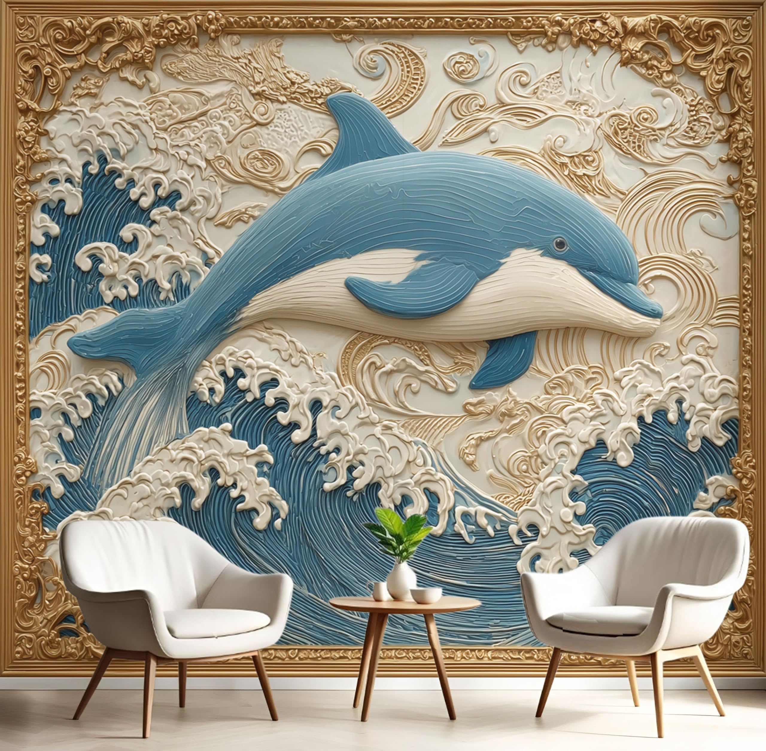 Papier Peint Dauphin 3D En Relief | Fresque Murale Ocean Panoramique 200X140Cm Beige Pour Salon