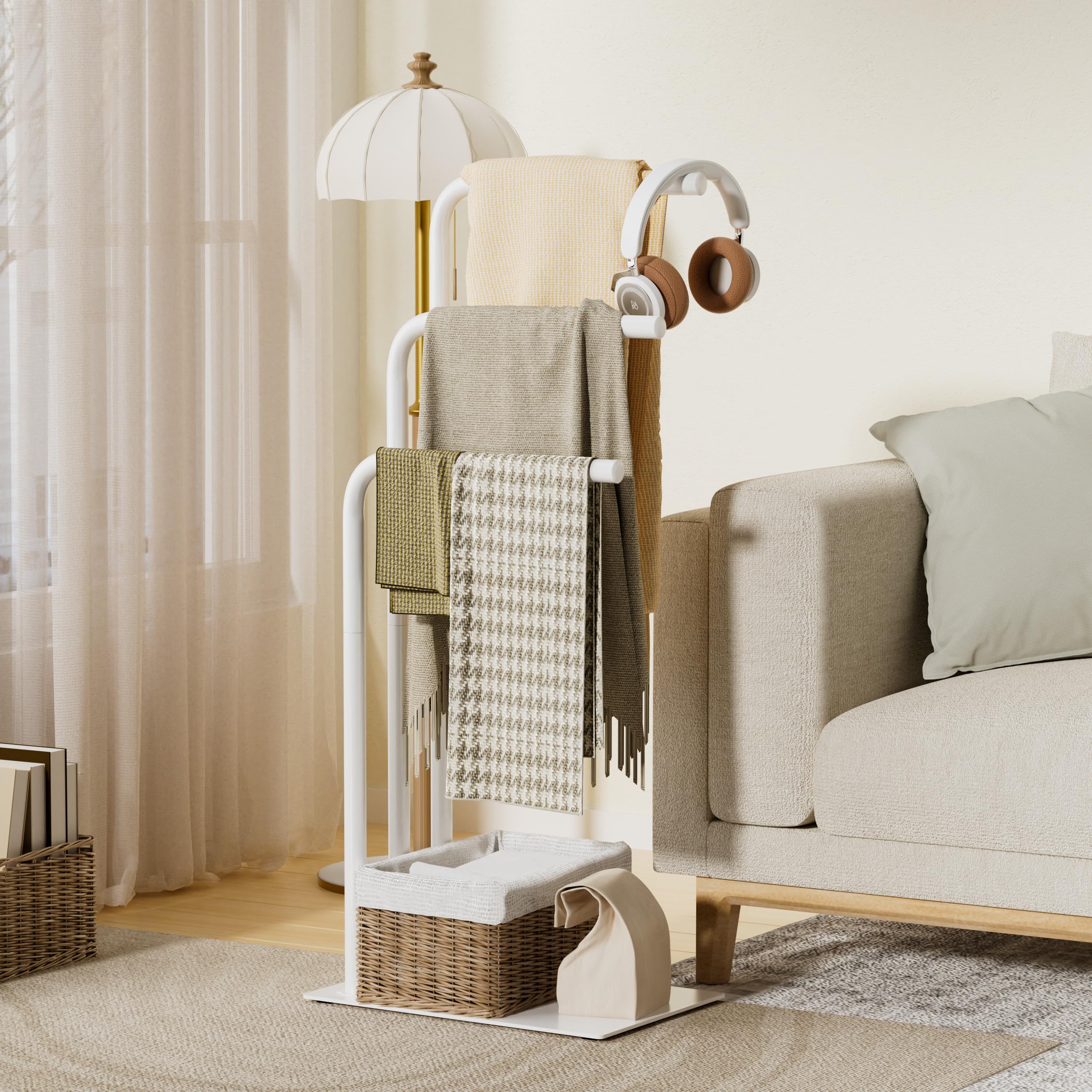 OUTBROS Porte-Serviettes sur Pied,3 Tubes en Acier Suspendus,Convient pour Les Chambres De Salle De Bains,Porte - Serviettes Salle De Bain,39x26x90cm,Blanc,EYJ108W