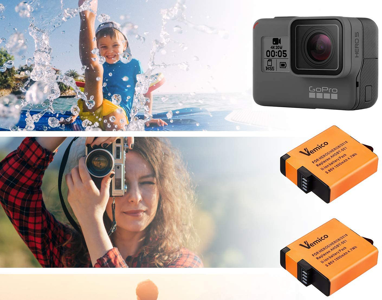 Vemico EN-EL14/EN-EL14A Batterie Chargeur Kit 2 Pack 1500mAh Remplacement Batteries Type-C LCD