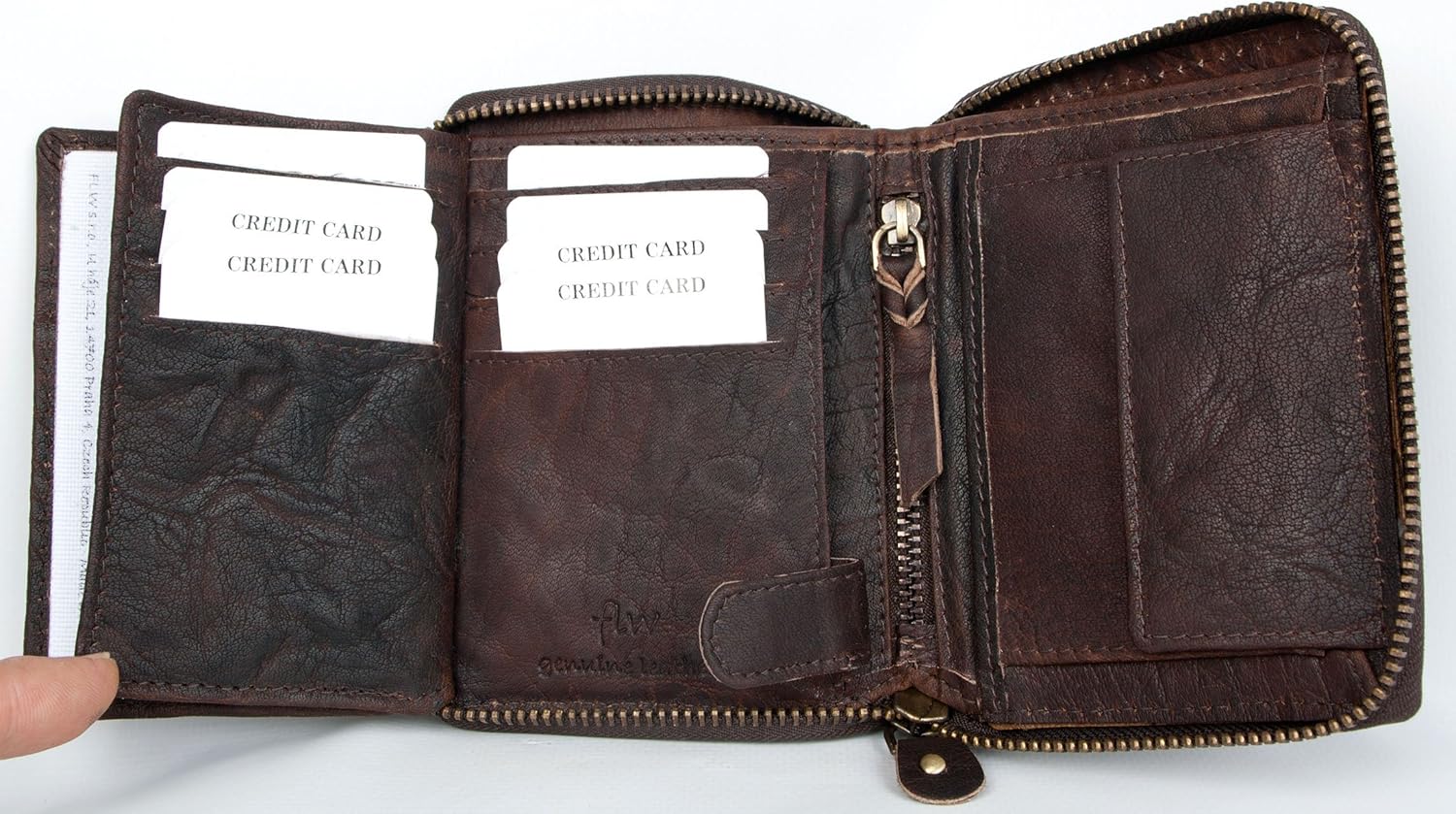 Miniatura 5 de FLW Cartera grande de piel auténtica duradera con cremallera marrón oscuro, Marrón oscuro, Cartera triple