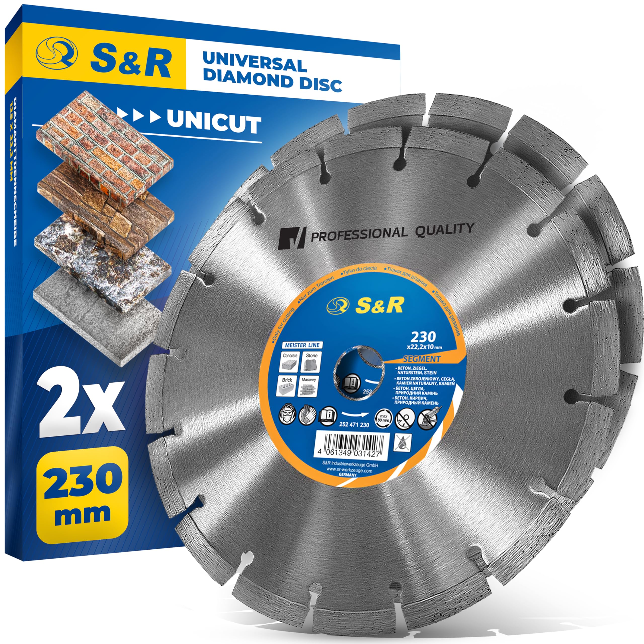 S&R Professional Diamond Cutting Disc 230 x 22.23 mm UNICUT – 2-Piece Set for Angle Grinders | Concrete, Natural Stone, Brick, Masonry | Dry Cutting | Long Service Life