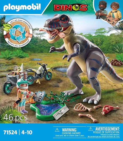 Playmobil 71524 Explorateur avec Moto et tyrannosaure - Recherche du T-Rex - Gamme Dinos fabriquée avec Plus de 80% de matériaux recyclés ou biosourcés en Moyenne - Univers Dinos - Dès 4 Ans - 4