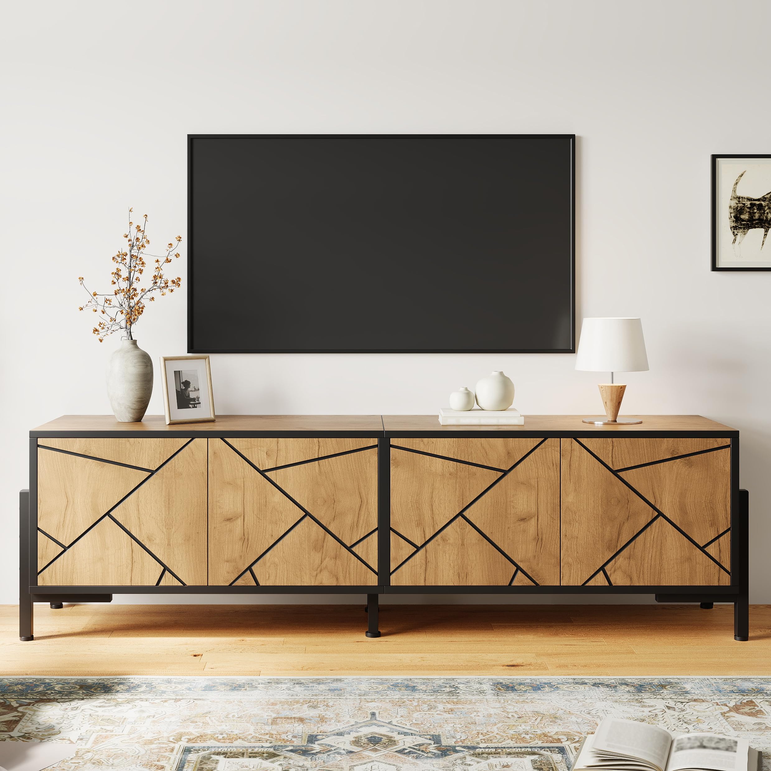 FammyLoft TV Units for TVs up to 70 Inch, Industrial TV Cabinet with 4 Doors, Rustic Brown TV Stand with Black Metal Frame, Wooden Lowboard Entertainment Centre for Living Room