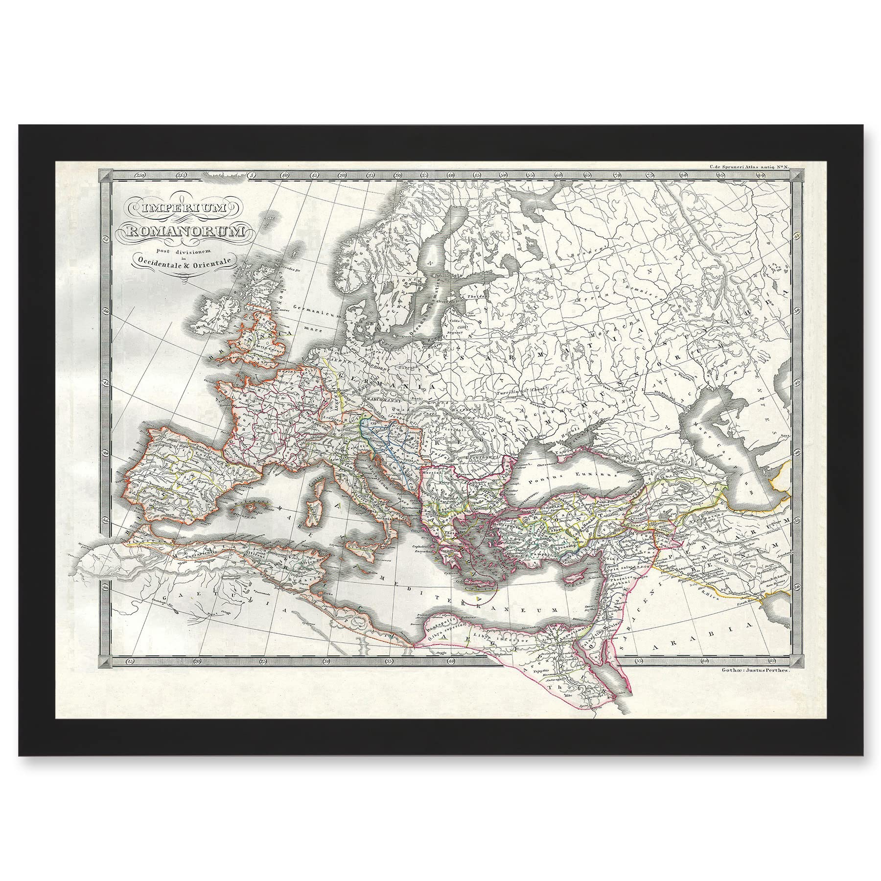 Artery8 Roman Empire Divided East West Ancient Rome 1850 Vintage Map Artwork Framed Wall Art Print A4