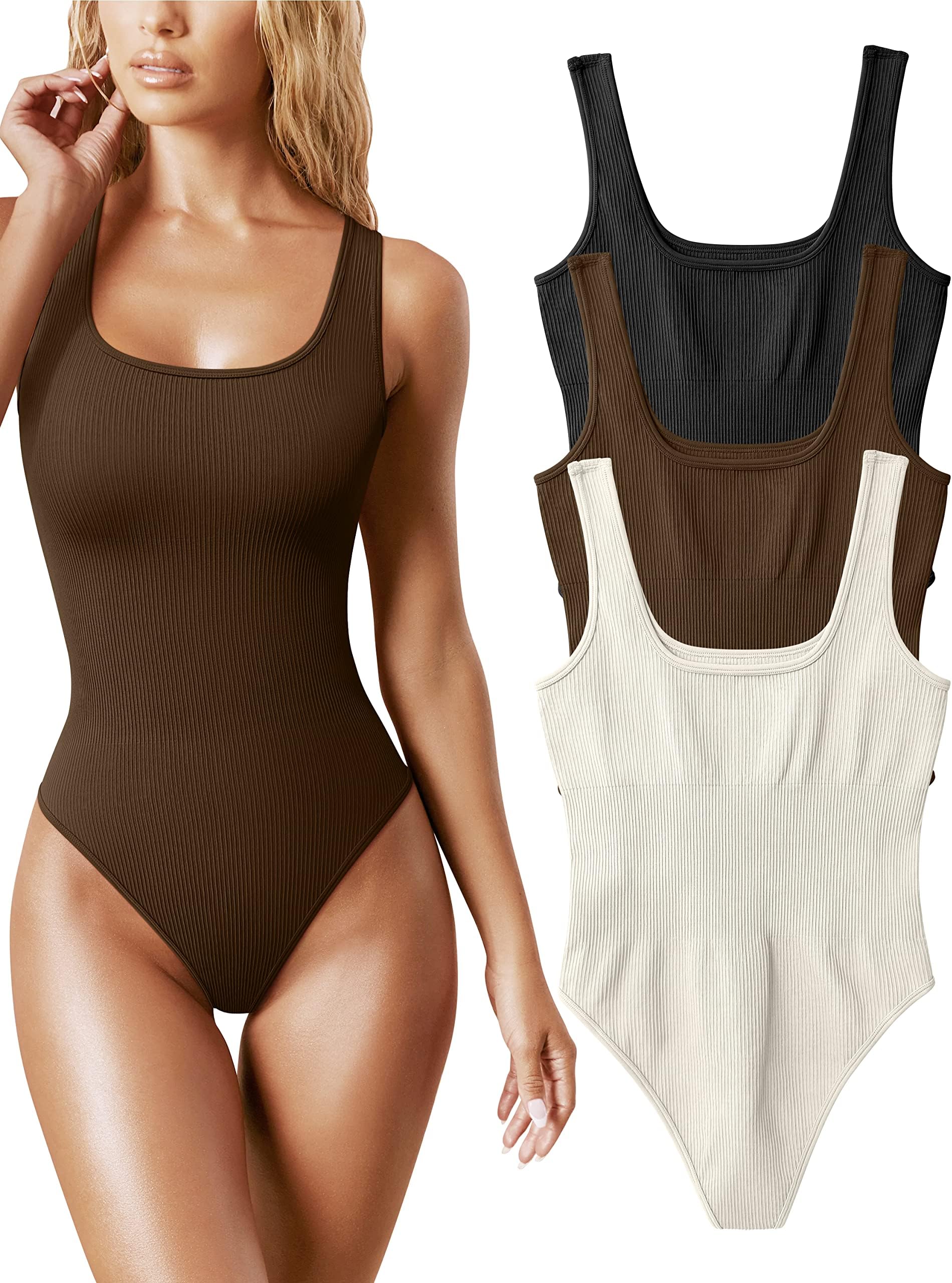 OQQWomen's 3 Piece Bodysuits Sexy Ribbed Sleeveless Square Neck Sleeveless Tank Tops Bodysuits
